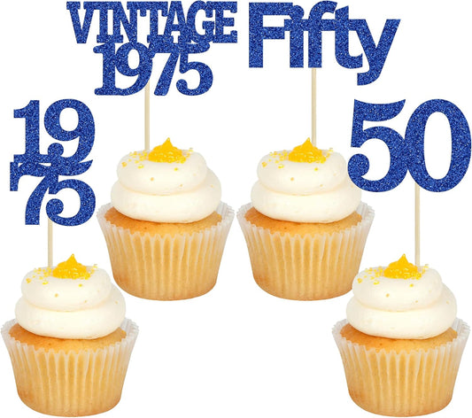 Gyufise 24Pcs Vintage 1950 Cupcake Toppers Glitter Cheers to 75 Fabulous Seventy Five Cupcake Picks 75th Birthday Wedding Anniversary Party Cake Decorations Supplies Deep Blue