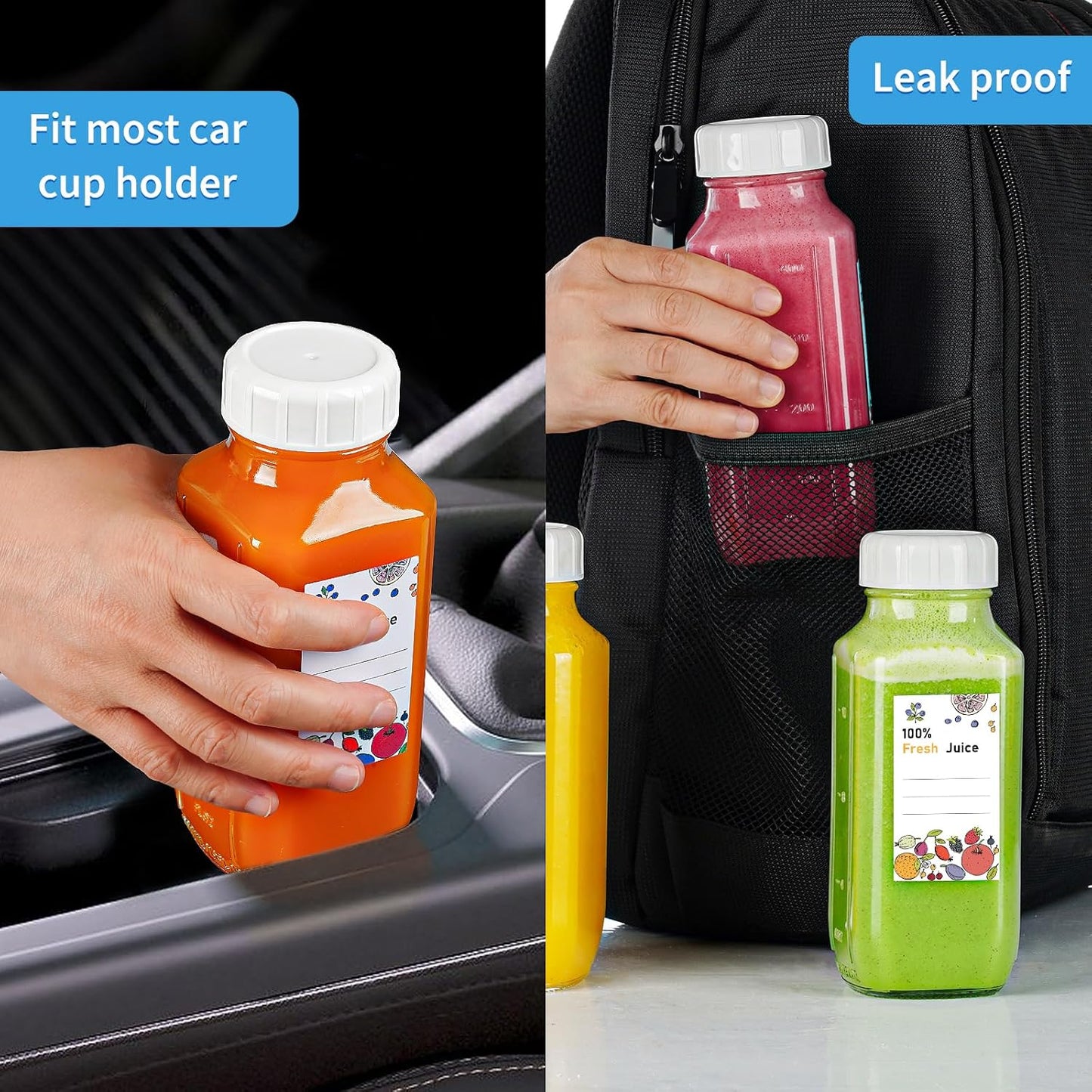 6 Pack 16 Oz Glass Juice Bottles with Pour Spout, 100% Airtight Heavy Duty SCREW Lid- Reusable Glass Milk Bottles w Capacity Mark, Square Drinking Jar Juice Container Breast Milk Pitcher(Extra 2 Lid)