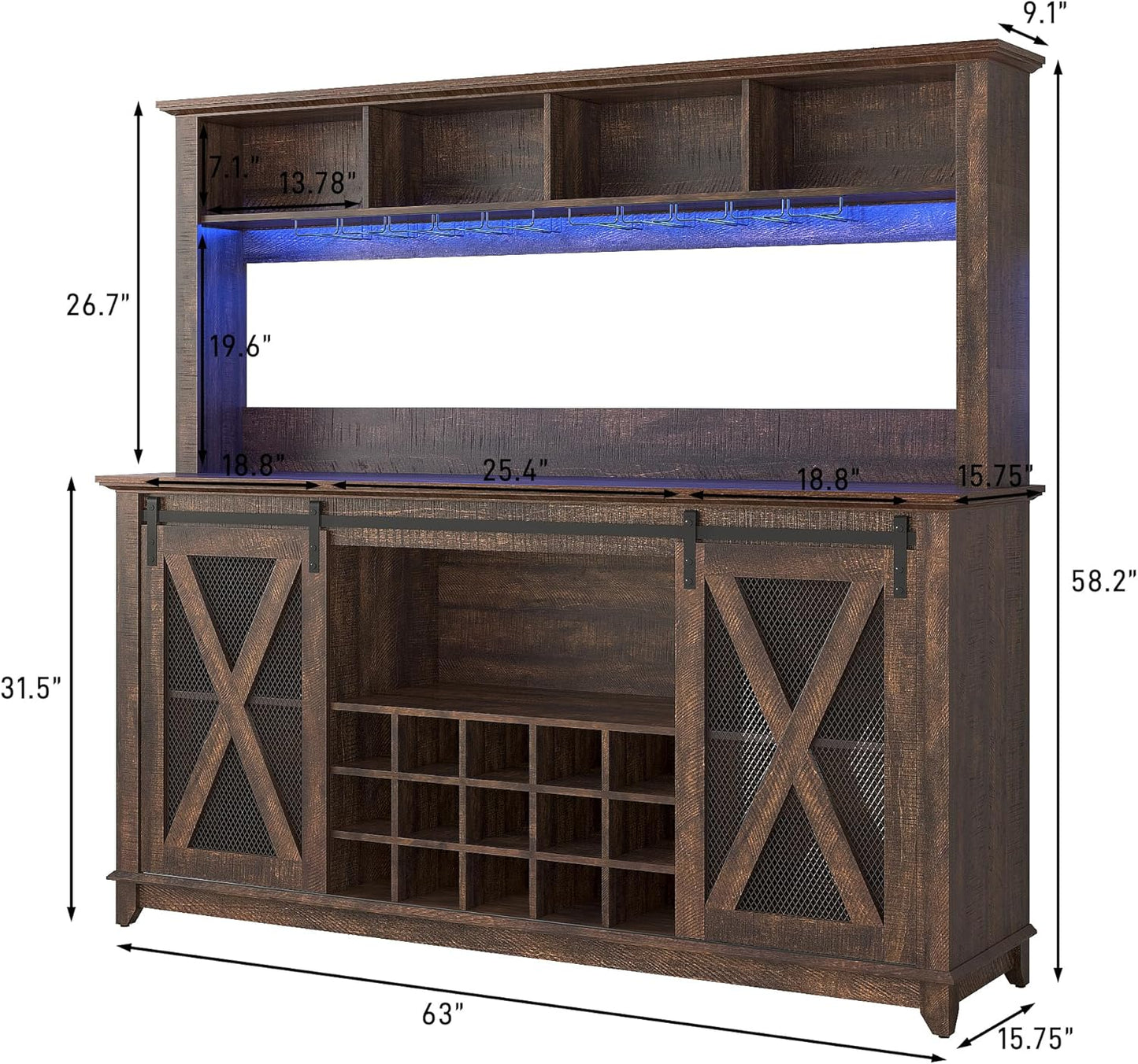 63"W Farmhouse Coffee Bar Cabinet with LED Light,Wine Bar Cabinet w/ 4 Tier Storage Hutch,Kitchen Buffet Cabinet w/Sliding Barn Door & 15 Wine and Glass Racks for Kitchen Dining Room(Brown)
