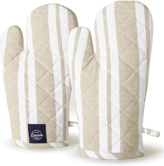 Encasa Homes Long 14 inch Oven Microwave Hand Gloves Mitts (2 pc Set) for Kitchen Cooking & Baking - Heat Resistant, Thick & Safe, Protection of Hands from Hot Utensils - Franca Beige Stripes