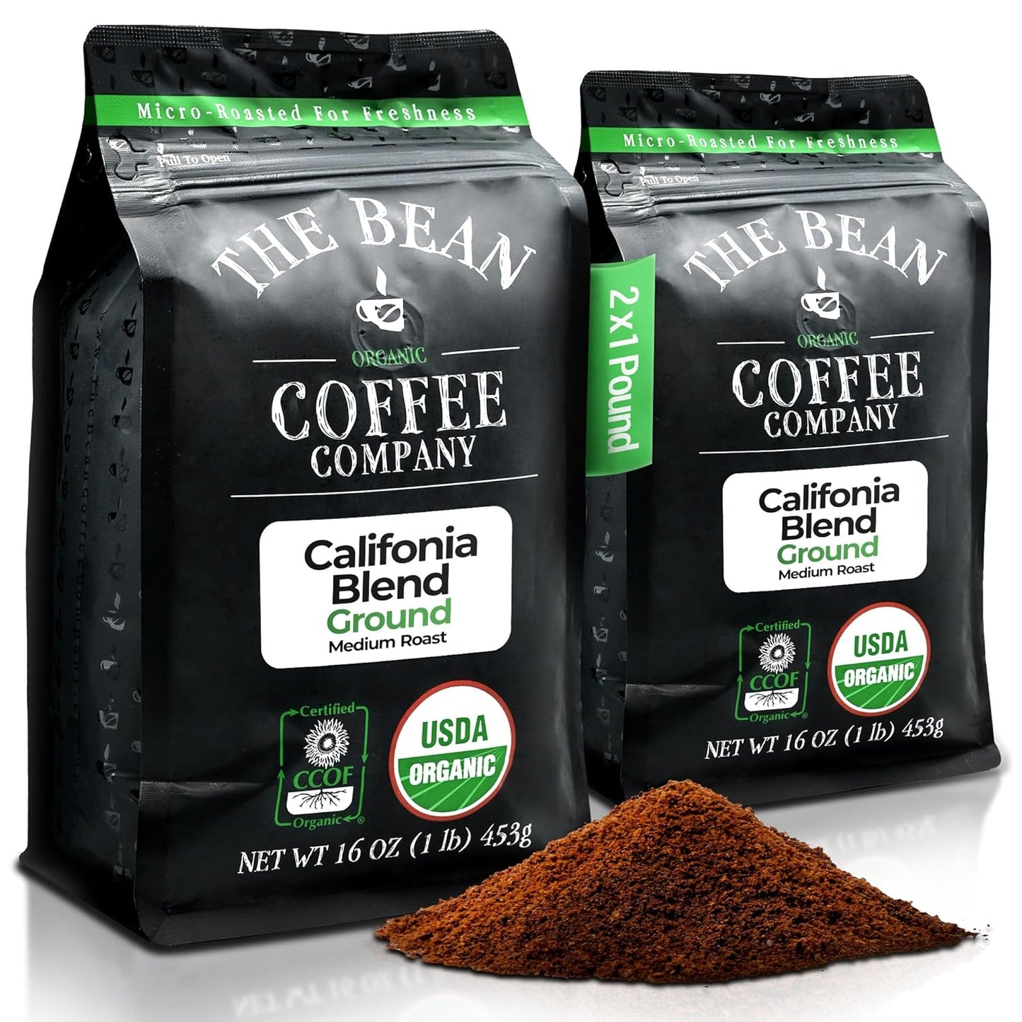 The Bean Organic Coffee Company California Blend, Medium Roast, Ground Coffee, 16-Ounce Bags (Pack of 2), Café molido tostado orgánico