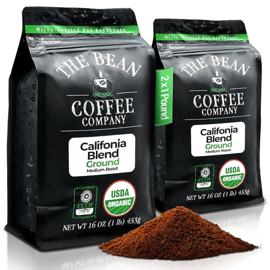 The Bean Organic Coffee Company California Blend, Medium Roast, Ground Coffee, 16-Ounce Bags (Pack of 2), Café molido tostado orgánico