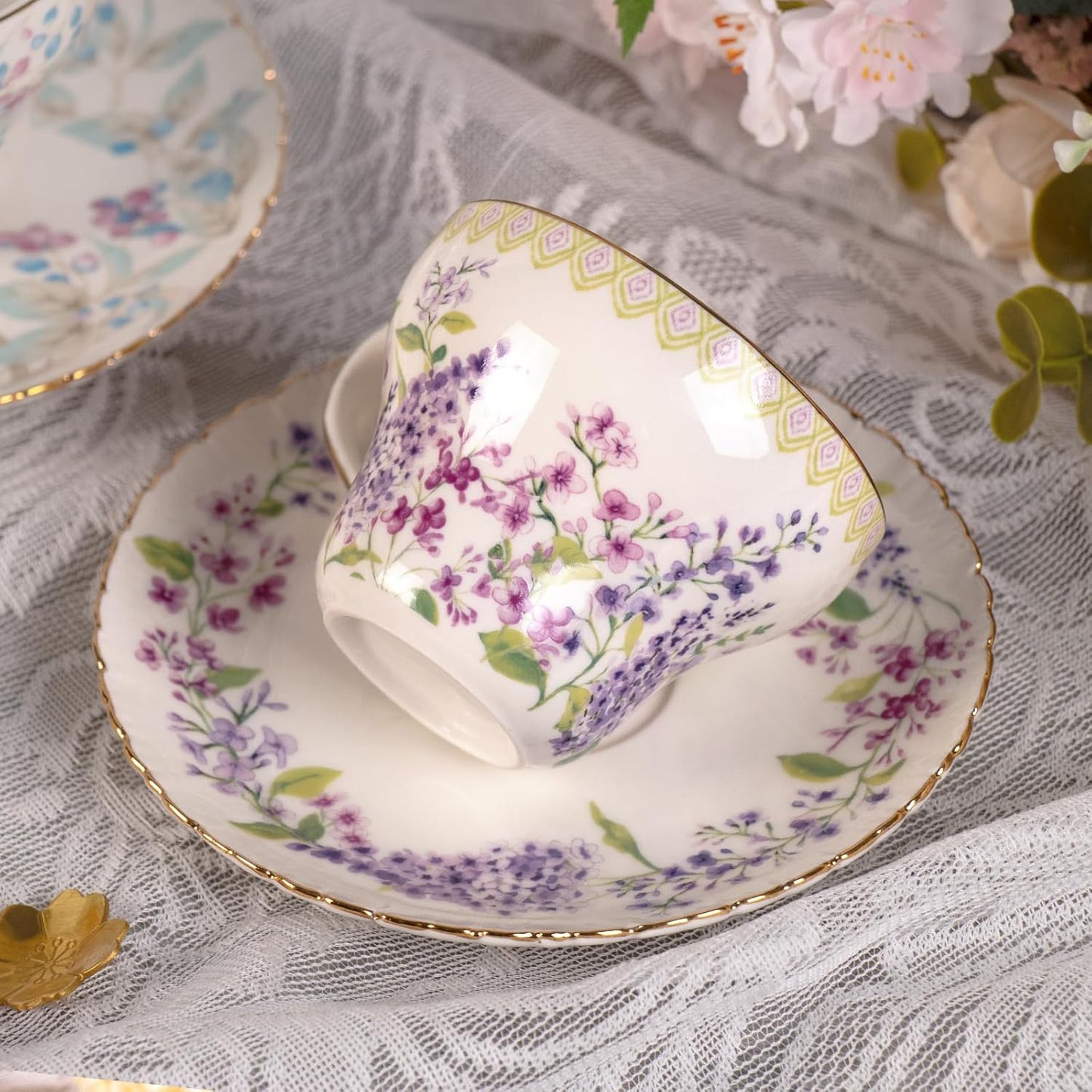 KAMMAK Tea Cups and Saucers Set of 2, Reinforced Porcelain Coffee Cups, 7.4-Ounce Stackable Espresso Mugs, Ceramic Demitasse for Coffee, Cappuccino, Latte, Americano, Tea, Lilac + Colorful
