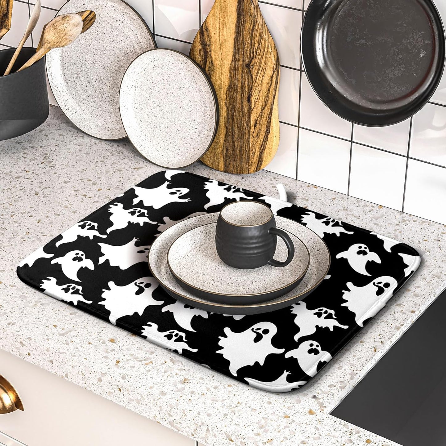 Halloween Bat Ghosts Dish Drying Mat for Kitchen Counter,Halloween Spooky Ghost Black and White Drying Mat 16 x 18 Inch Microfiber Dish Drying Pad Dish Rack Pad Drainer Mat for Coffee Bar