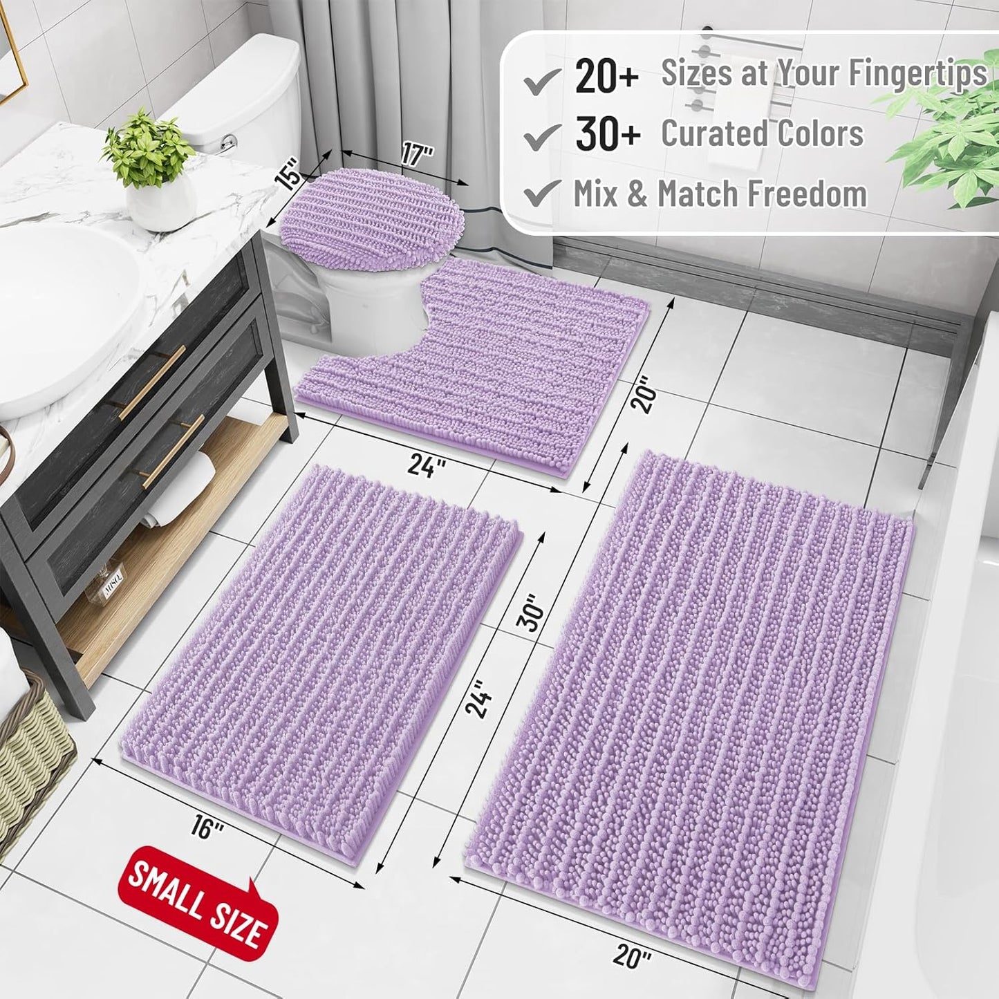 Arotive Luxury Chenille Bathroom Rug Mat, Extra Soft Thick Absorbent Shaggy Bath Rugs, Non-Slip Machine Wash Dry, Plush Bath Mats for Bathroom, Shower and Tub, 24x16, Light Purple