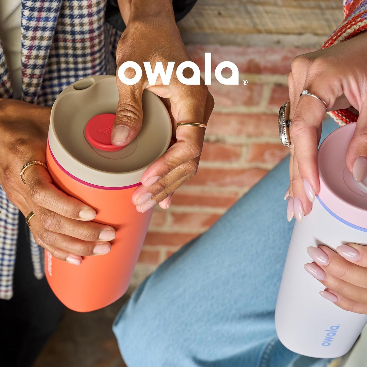 Owala SmoothSip Slider Insulated Stainless Steel Coffee Tumbler, Reusable Iced Coffee Cup, Hot Coffee Travel Mug, BPA Free 20 oz, Grey/Brown (Cozy Cocoa)