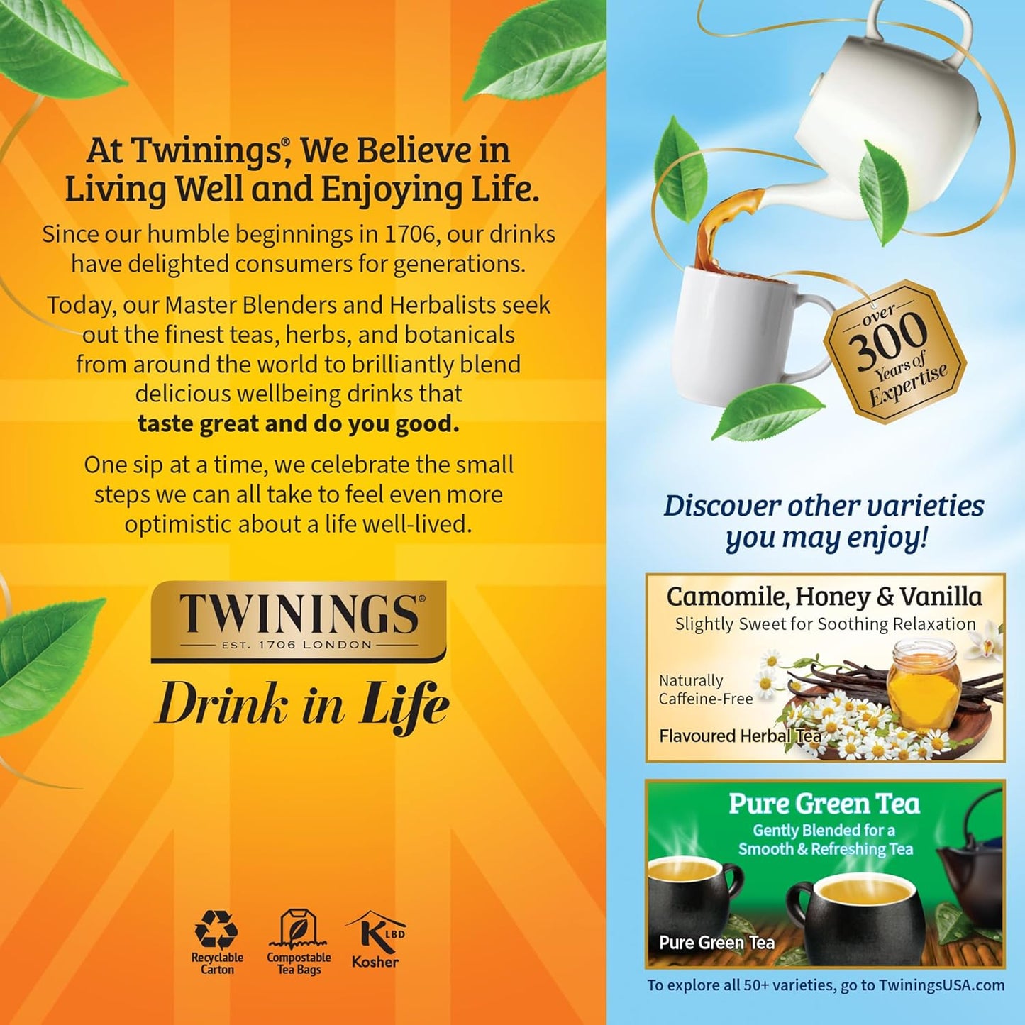 Twinings Pure Camomile Herbal Tea Individually Wrapped Bags, 25 Count (Pack of 6), Calming & Delicate, Naturally Caffeine-Free, Enjoy Hot or Iced, 150 Teabags