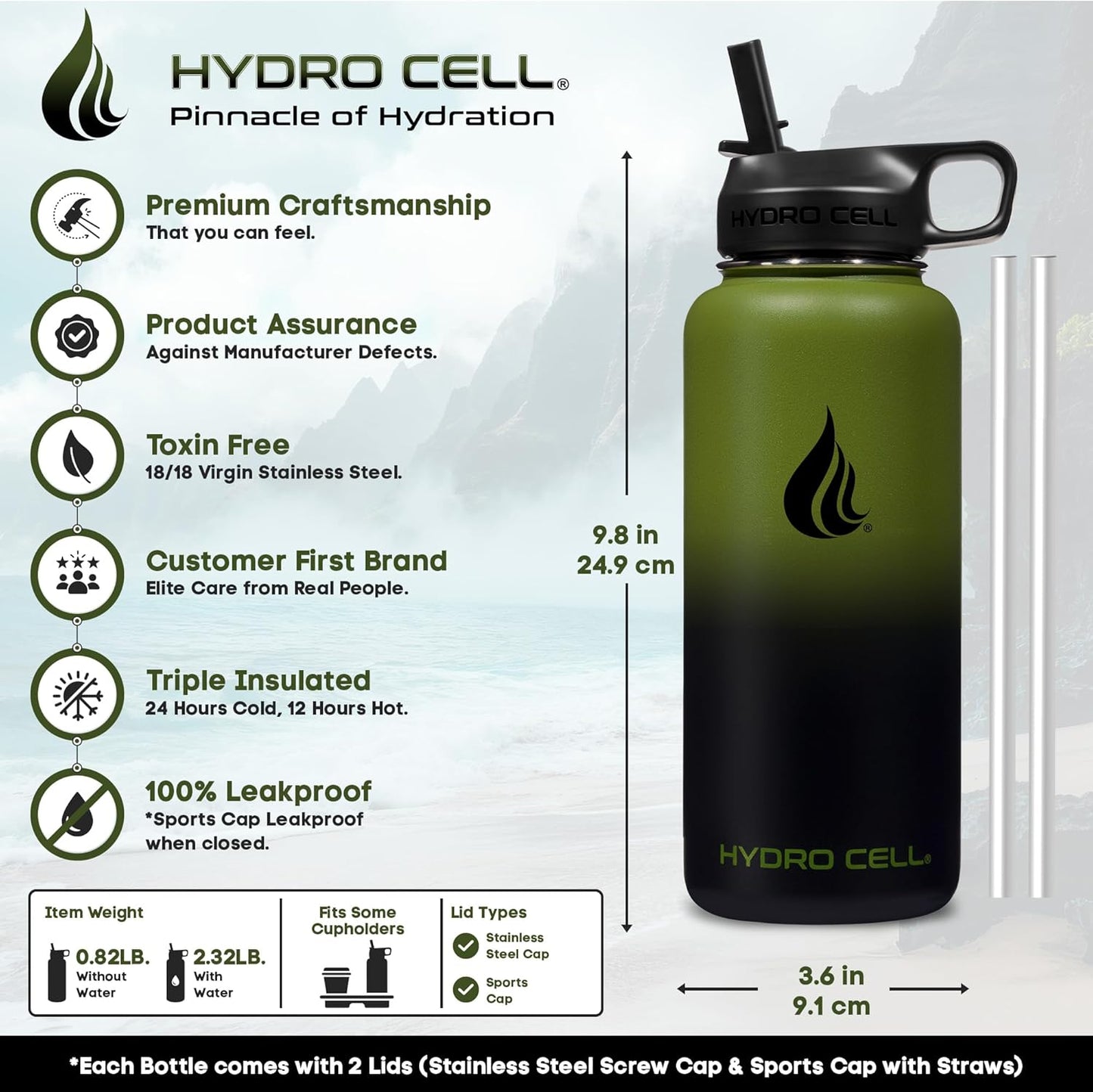 HYDRO CELL Stainless Steel Insulated Water Bottle with Straw - For Cold & Hot Drinks - Metal Vacuum Flask with Screw Cap and Modern Leakproof Sport Thermos for Adults (Army/Black 32oz)