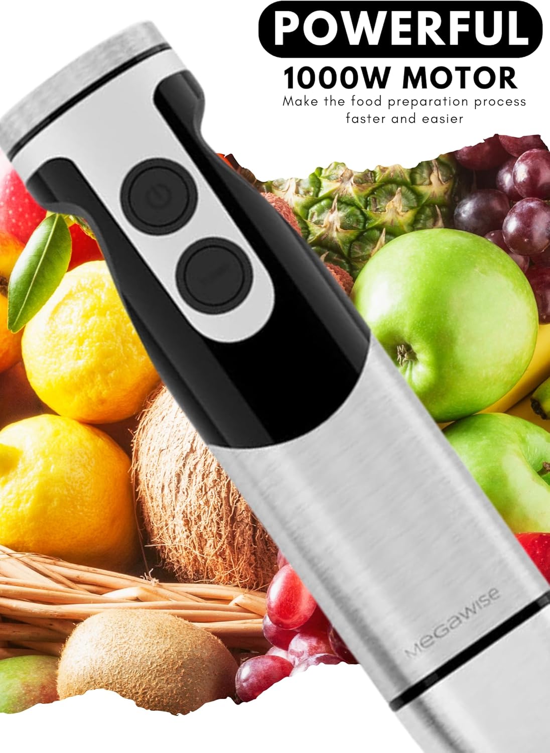 MegaWise Stainless Steel Titanium Reinforced 3-in-1 Immersion Hand Blender, Powerful with 80% Sharper Blades, 12-Speed Corded Blender, Including Whisk and Milk Frother (3-in 1 Black)