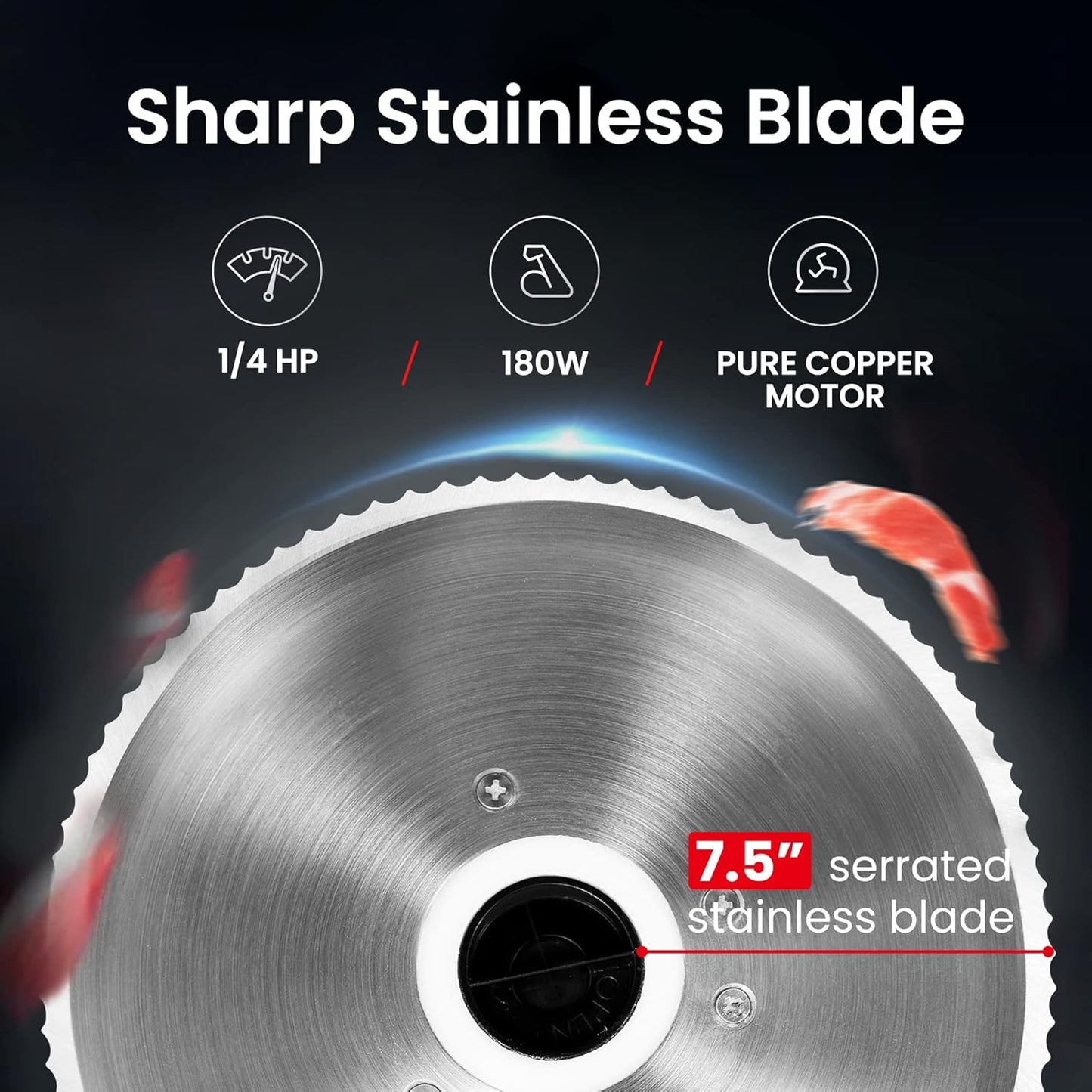 TooGood Meat Slicer for Home, Electric Food Slicer with 7.5" Stainless Steel Blade, 1/4 HP, 0-15mm Adjustable Thickness, Deli Food Slicer Machine for Meat, Bread, Fruit, Cheese