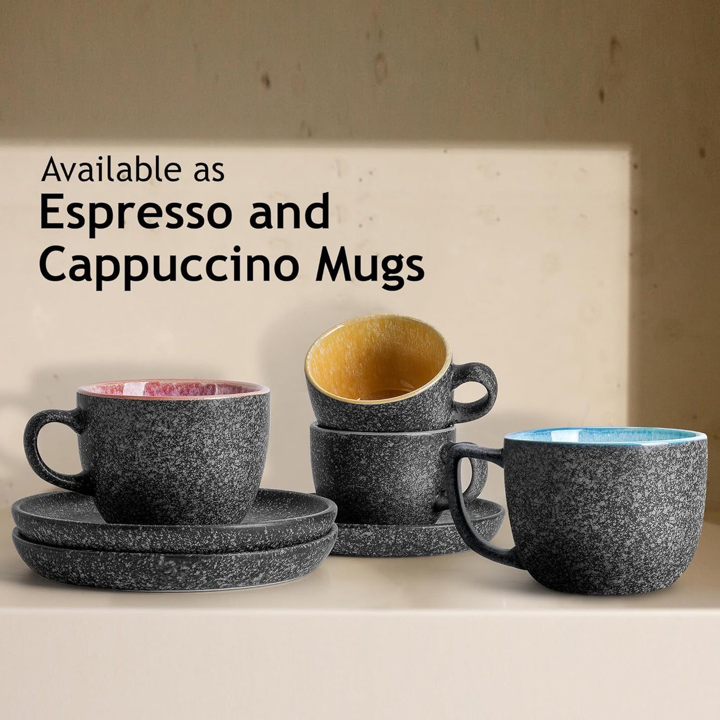 MIAMIO – 2.7 Oz Ceramic Stackable Espresso Cups with Saucers and Metal Stand, Set of 6 Espresso Cup, Demitasse Cups, Coffee Mugs for Espresso, Latte, Café Mocha & Tea – Las Palmitas Collection