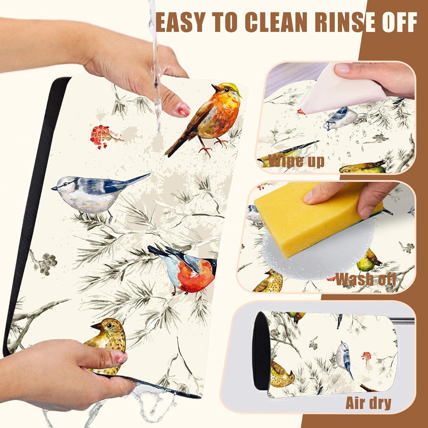 Cute Birds Coffee Mat Absorbent Dish Drying Mat for Kitchen Counter Hide Stain Rubber Backed Coffee Bar Accessories Fit Under Espresso Machine Cafe Table, 11.8 x 19.7 Inch