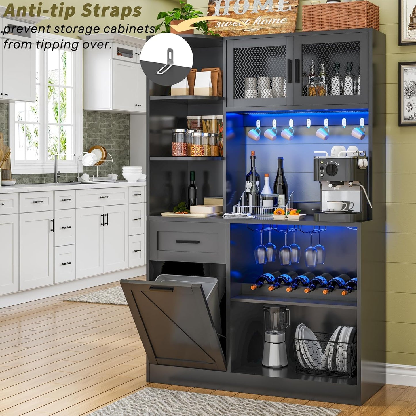 67.3" Tall Modern Black Kitchen Pantry Storage Cabinet with Drawer and Shelves, Tilt Out Trash Can, Coffee Bar Wine Cabinet with LED Lights and Power Outlet, Wine Glass Rack, 2 Mesh Doors