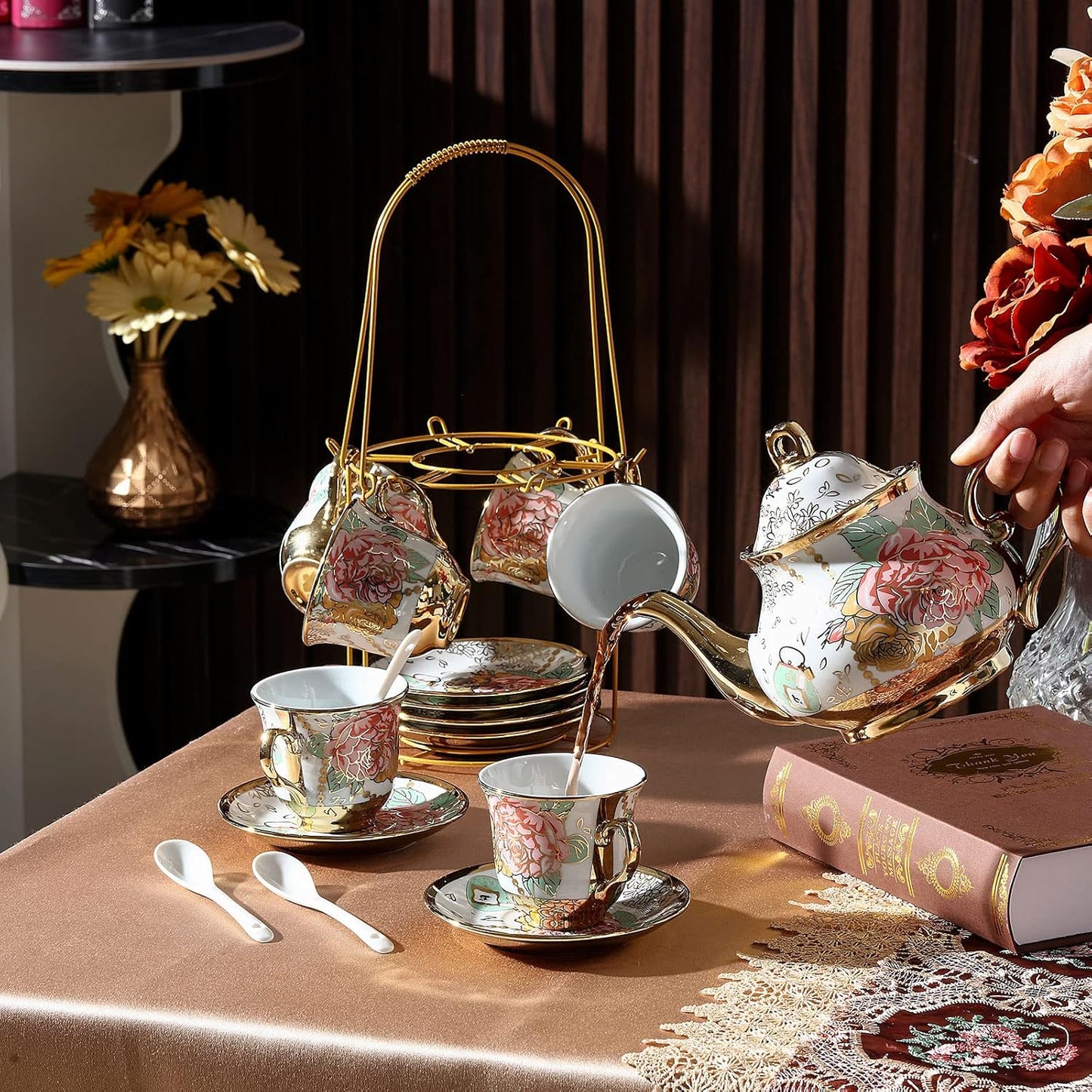 Zhehao 20 Pcs Porcelain Tea Set with Metal Holder and Spoon Adult Ceramic Tea Party Set European Flower Painting Teapot Cup Saucer Spoon Set for Women, Large Version(Bright Style)