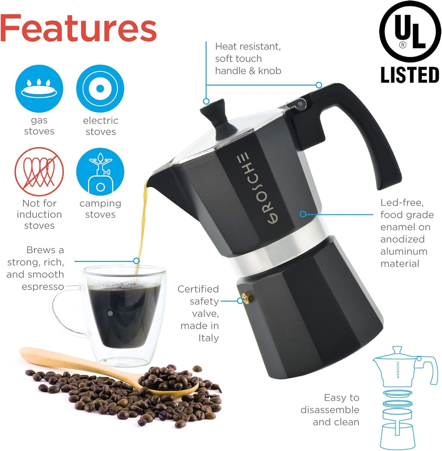 GROSCHE Milano Stovetop Espresso Maker Moka Pot 3 espresso Cup - 5 oz, Black - Cuban Coffee Maker Stove top coffee maker Moka Italian espresso greca coffee maker brewer percolator
