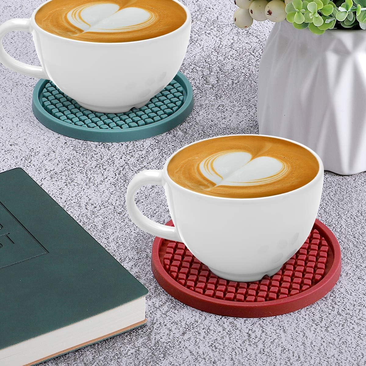 ME.FAN Silicone Coasters [6 Pack] Thickened Drink Coasters with Holder - Cup Mat - Non-Slip, Non-stick, Stay Put, Deep Tray - Prevents Furniture and Tabletop Damages(Teal Blue)