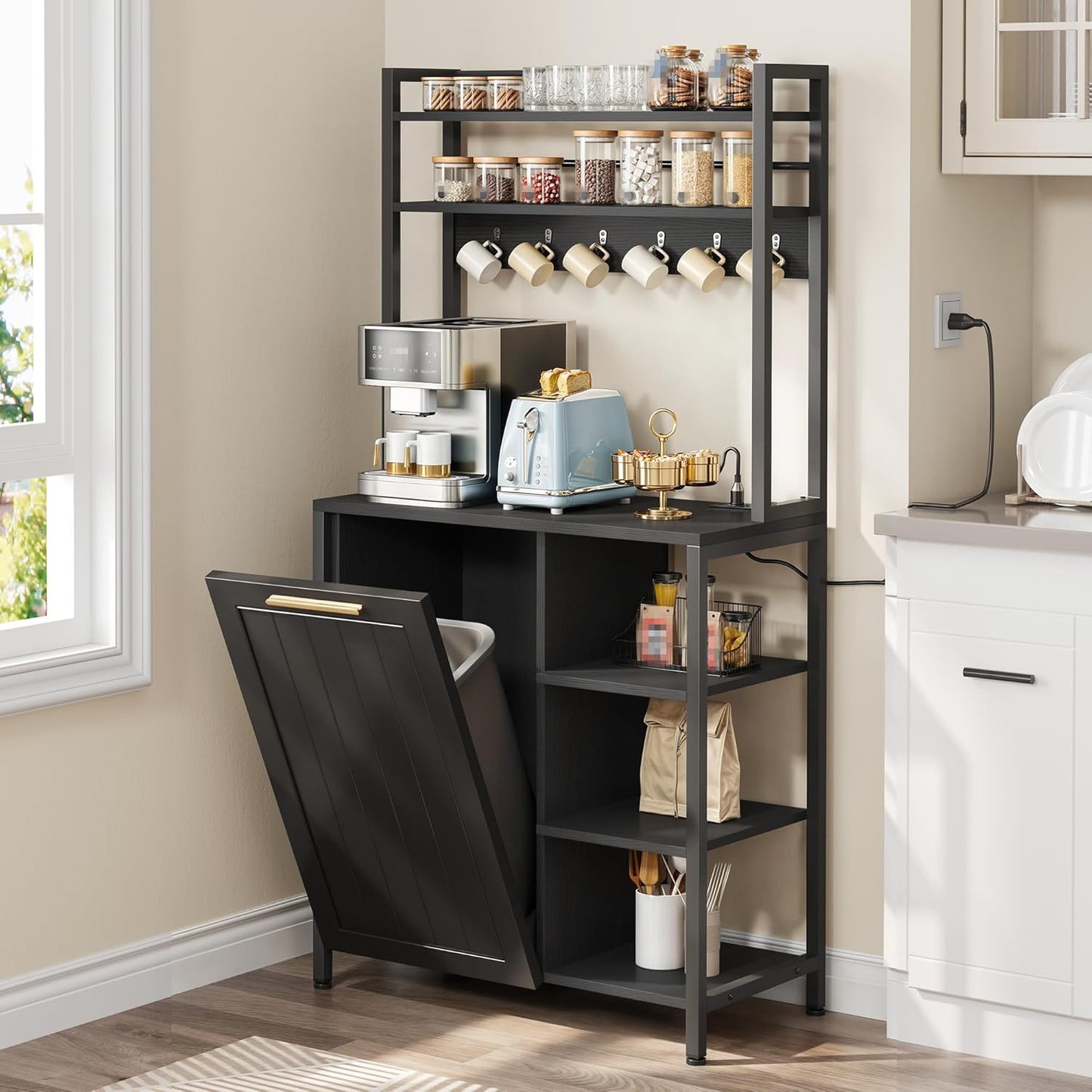 YITAHOME Bakers Rack with Storage Microwave Stand with Trash Can Bin Cabinet and Power Outlet 6-Tiers Coffee Stand Large Microwave Table for Kitchen Dining Room Living Room Black
