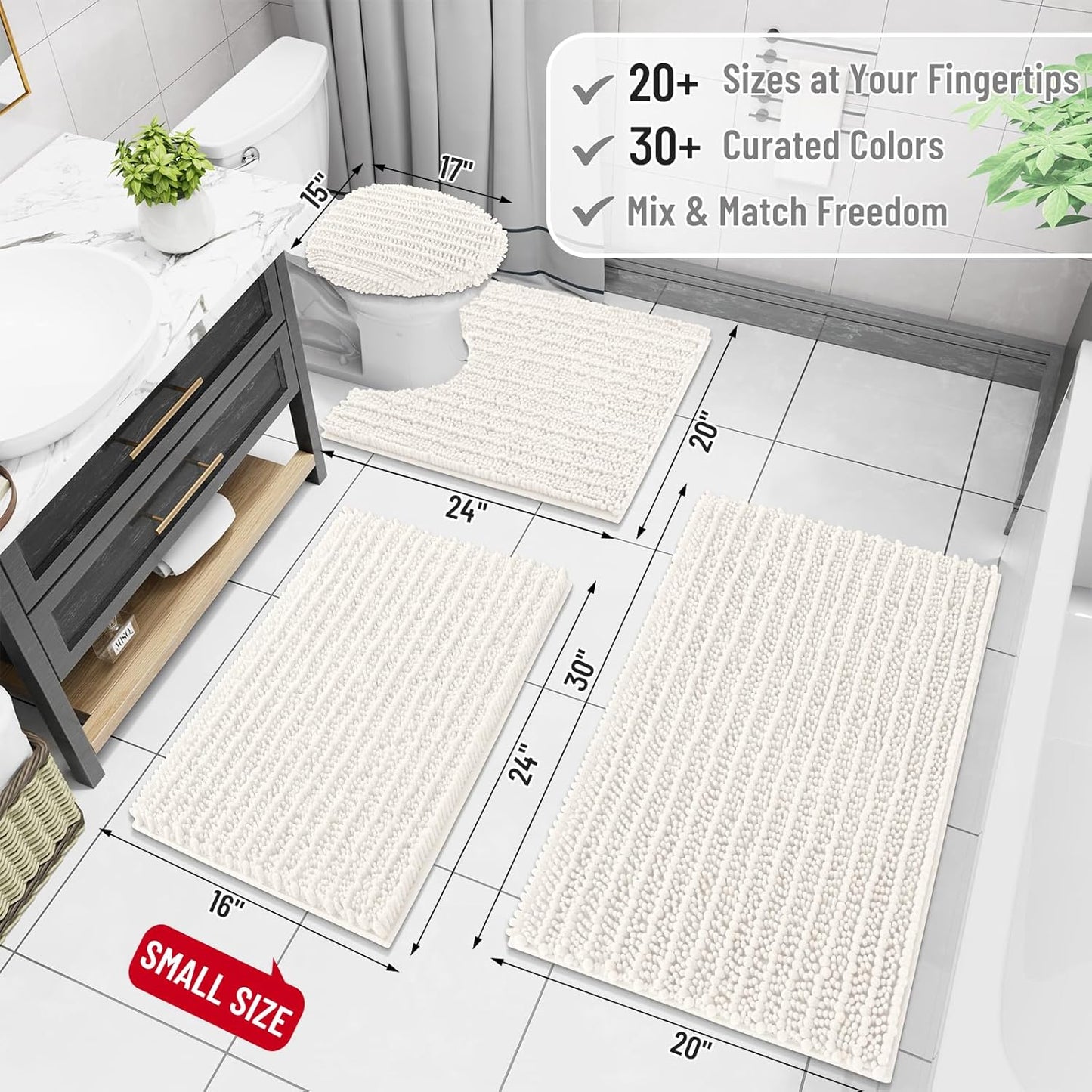 Arotive Luxury Chenille Bathroom Rug Mat, Extra Soft Thick Absorbent Shaggy Bath Rugs, Non-Slip Machine Wash Dry, Plush Bath Mats for Bathroom, Shower and Tub, 45x27, Ivory
