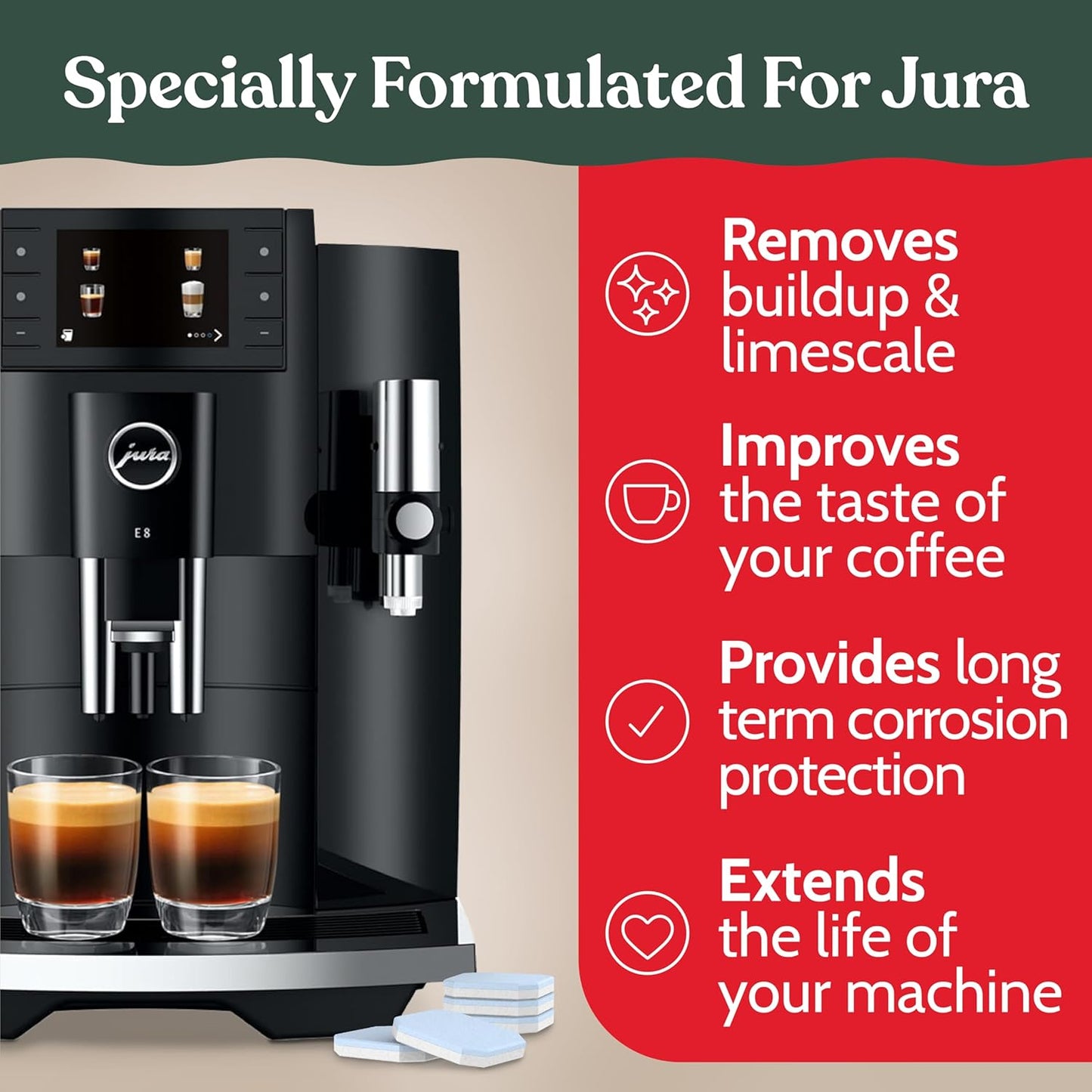 Roobi Jura Compatible Descaling Tablets. 12 Jura Descaling Tablets for Automatic Espresso Coffee Machines. 100% Vegan, Carbon Neutral.