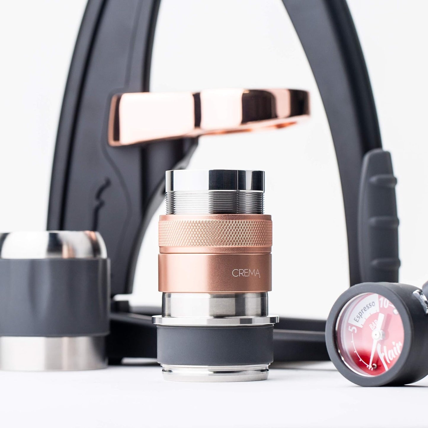 Crema Coffee Products 45.5mm Hand Tamper & Coffee Distributor V2 | Compatible with Flair Pro and Pro 2 Portafilter | Double-Sided, Adjustable Depth Tool|Made with Durable 304 Stainless Steel|Rose Gold