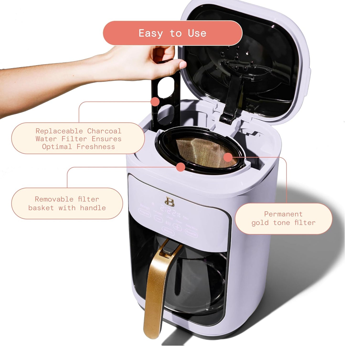 Beautiful Coffee Maker, 14-Cup, Touch-Activated Display, Programmable, Automatic Shut-Off, 1200W, Keep Warm, 24h Timer (Lavender)
