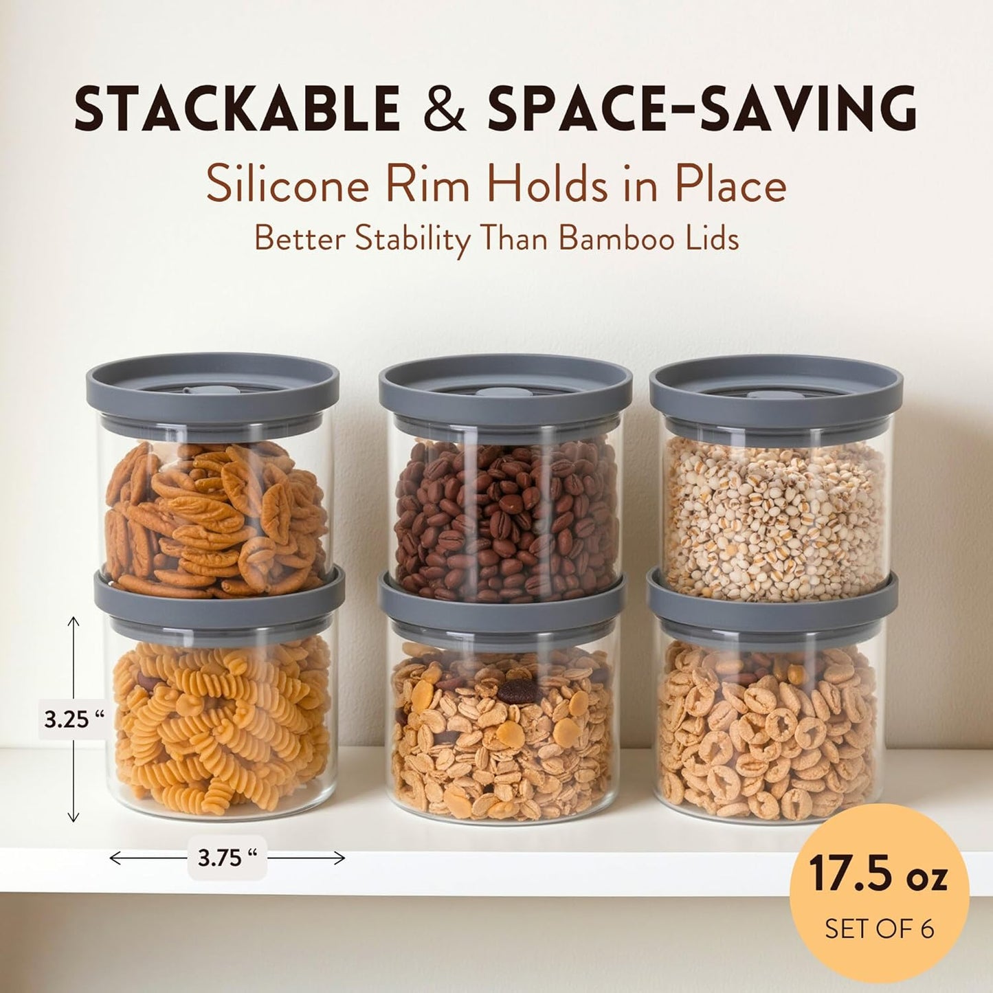 Glass Airtight Canisters with Silicone Lids – BPA-Free Borosilicate Containers for Food Prep, Storage, Wet or Dry Foods, Pasta, Rice, Flour, Tea, Herbs, Snacks – Set of 6 (17.5 oz)
