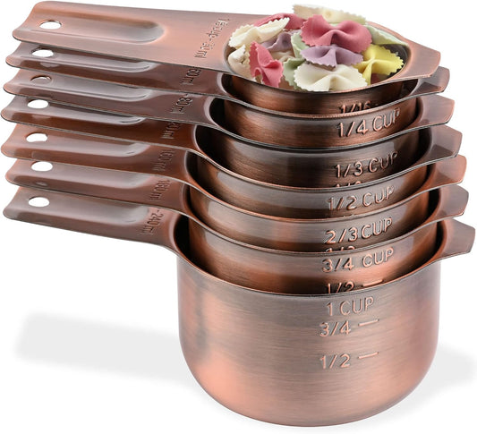 Smithcraft Copper Measuring Cups Set 7, Metric & US Stainless Steel Measuring Cups for Kitchen & Baking, Metal Measure Cups for Dry & Liquid, Nesting Measuring Cup Set with 1/8 2/3 & 3/4 Cups