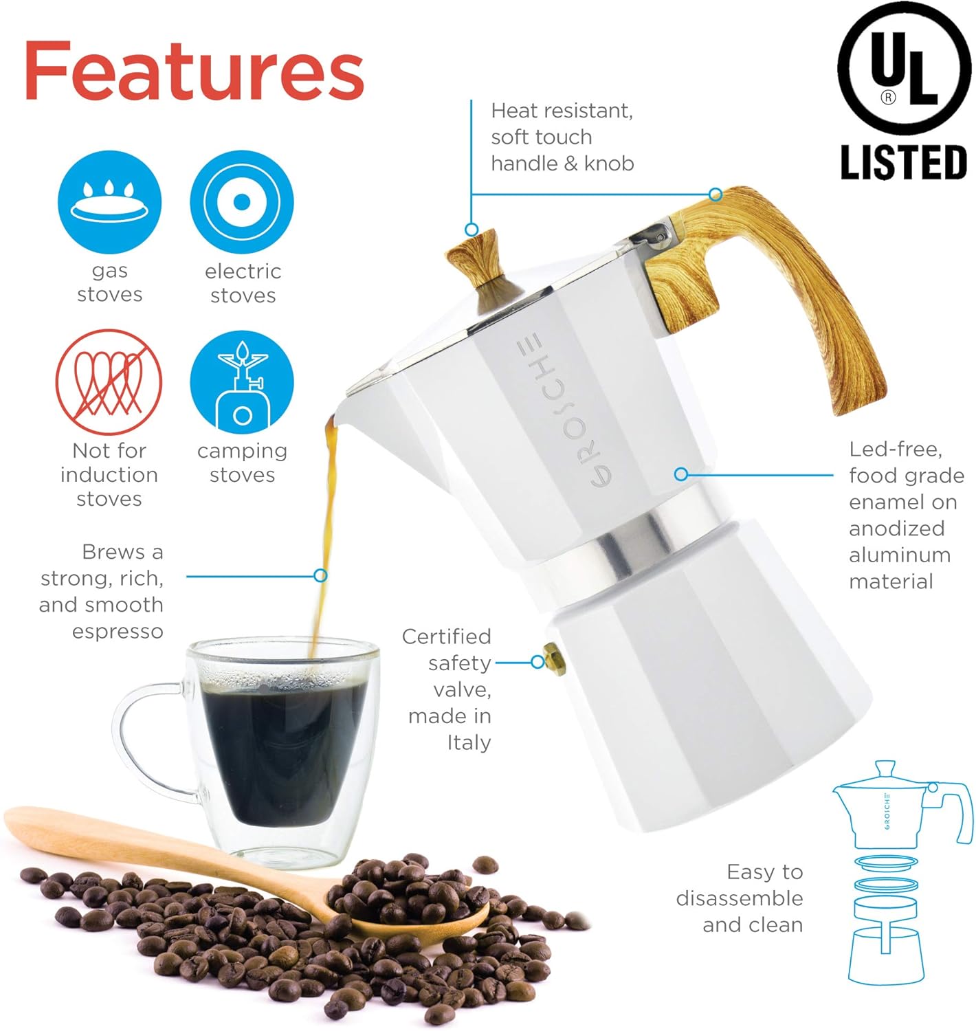 GROSCHE White Milano Stovetop Espresso Maker, 6 cup