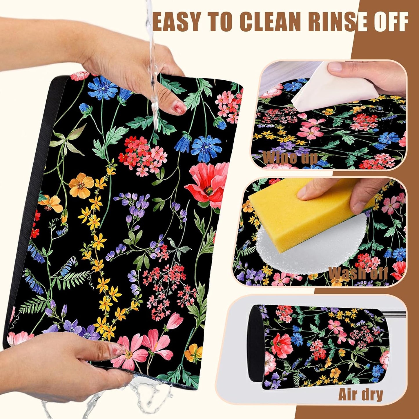 Beautiful Flowers Dish Drying Mat for Kitchen Counter Coffee Mat Hide Stain Absorbent Rubber Backed Drying Rack Pad Espresso Machine Coffee Bar Accessories 15.7 x 23.6 Inch