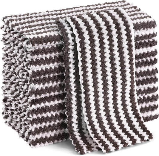 Homaxy 12 Pack Kitchen Dish Cloths, Ultra Soft and Absorbent Dish Towels, Reusable Fast Drying Microfiber Cleaning Cloth, Coral Velvet Wave Design No-lint, 10 x 10 inches, Brown