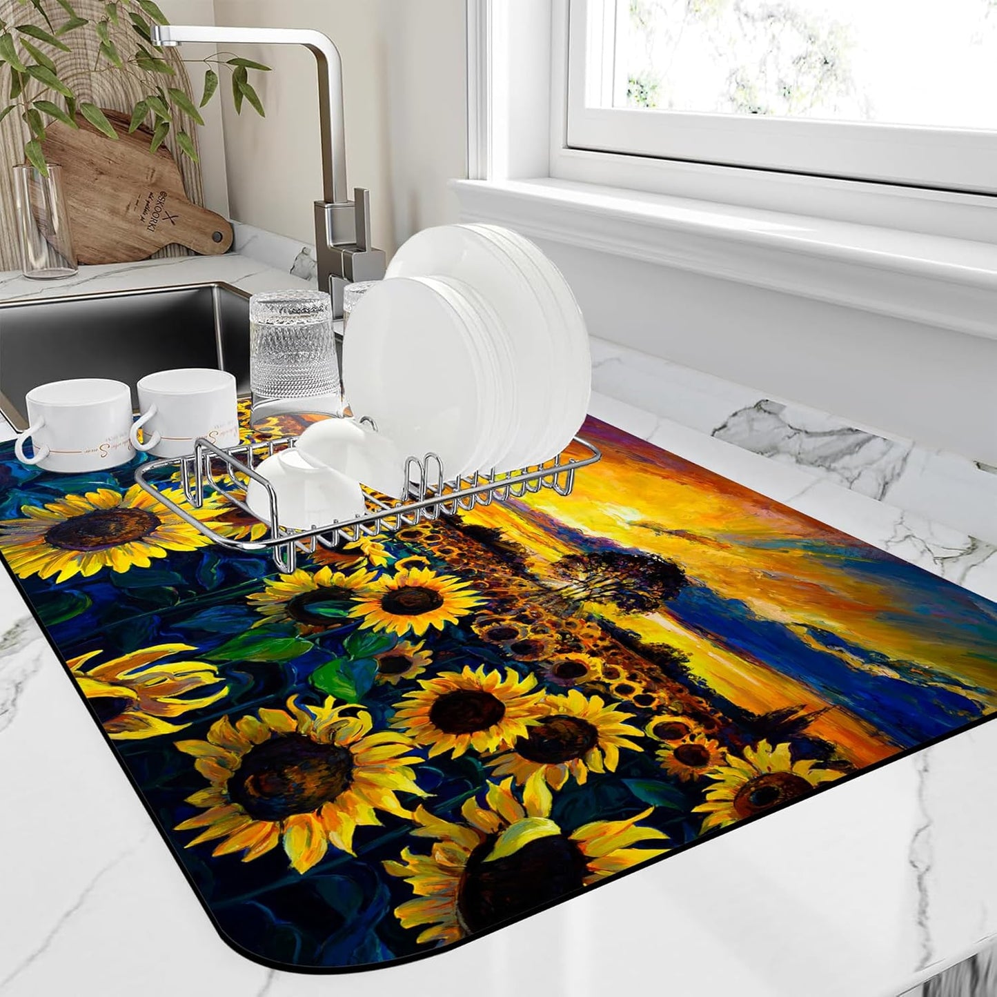 Sunflower Field Dish Drying Mat,12"X19" Absorbent Fast Dish Drying Mat for Kitchen Counter Pot and Pan, Kitchen Accessories