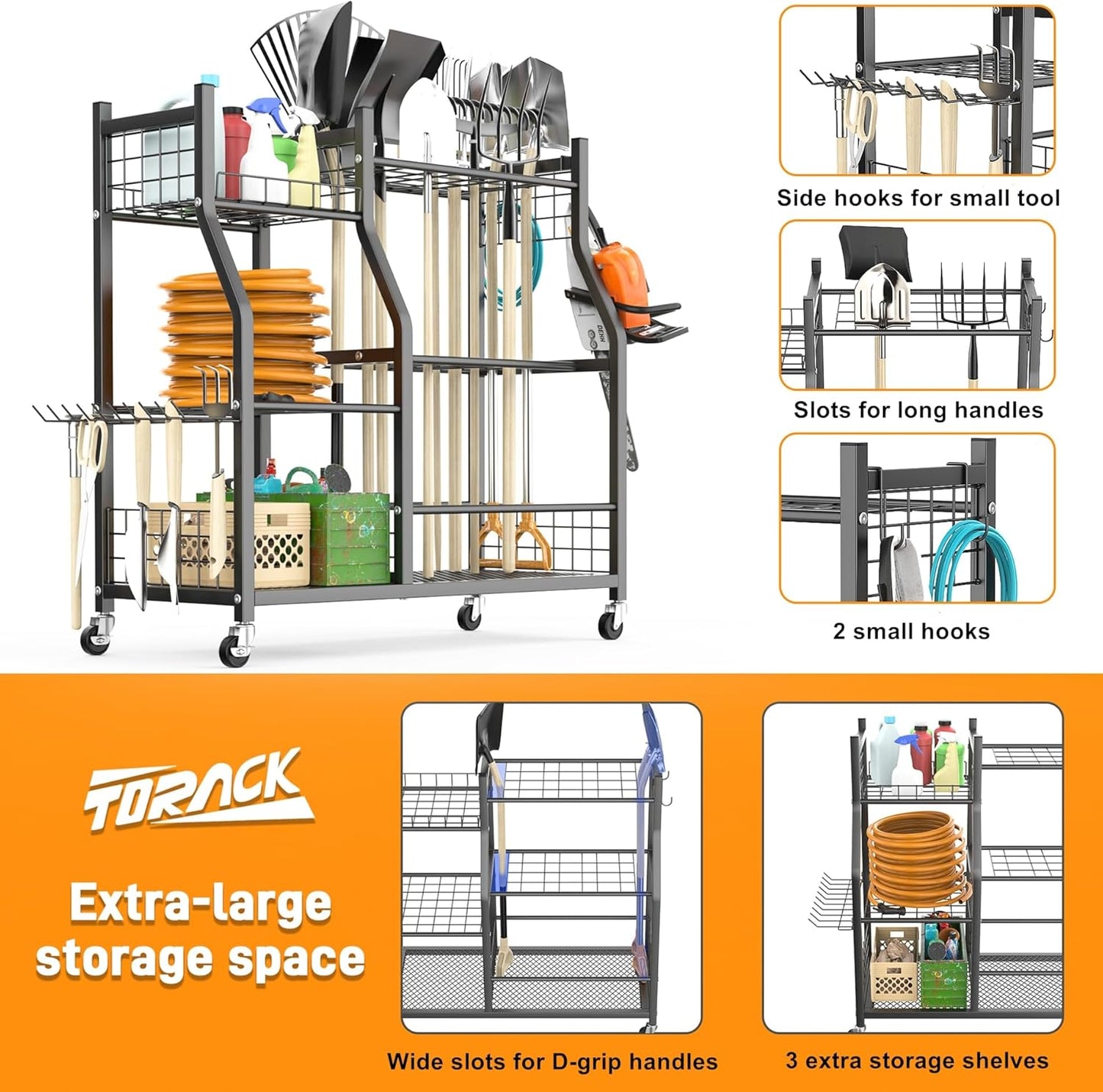 TORACK Garden Tool Organizer with Wheels, Rakes Shovels Yard Tools Stand for Garage, Shed, Garden, Indoor/Outdoor Long-Handled Tools Cart
