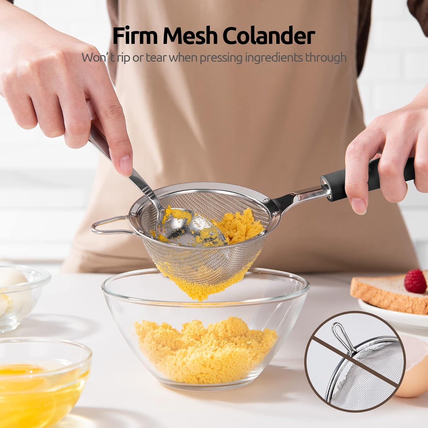 18/8 Stainless Steel Mesh Strainer: U-Taste 3.9 Inch Kitchen Fine Mesh Sieve Food Colander with Riveted Sturdy Silicone Handle and 30 Mesh Hole for Straining Flour, Quinoa, Tea, Juice (Black)