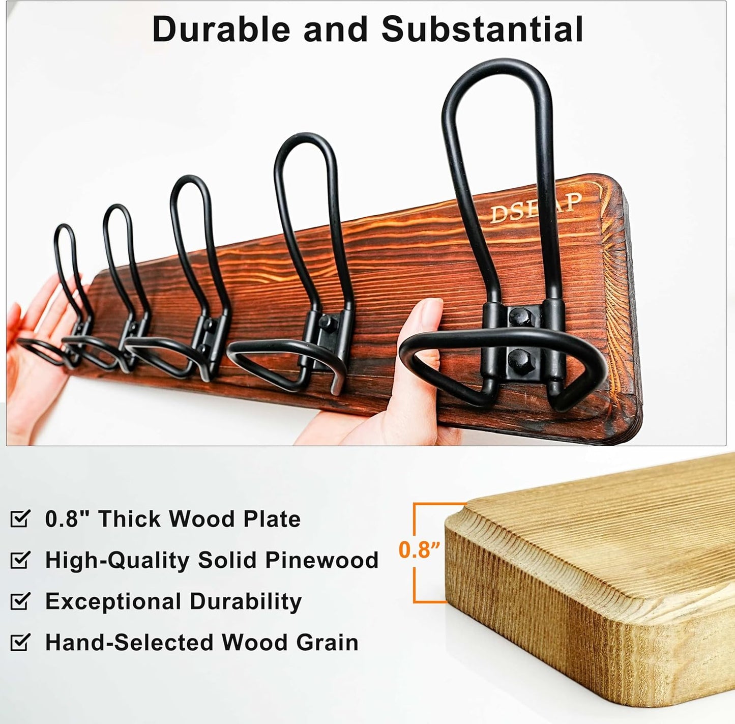 Dseap Coat Rack Wall Mounted - Heavy Duty Farmhouse Rustic Wall Coat Hanger With 5 Wire Hooks for Clothes Hat Jacket Towel, RusticWire, G25A, Whitewash & Black, Pack of 2