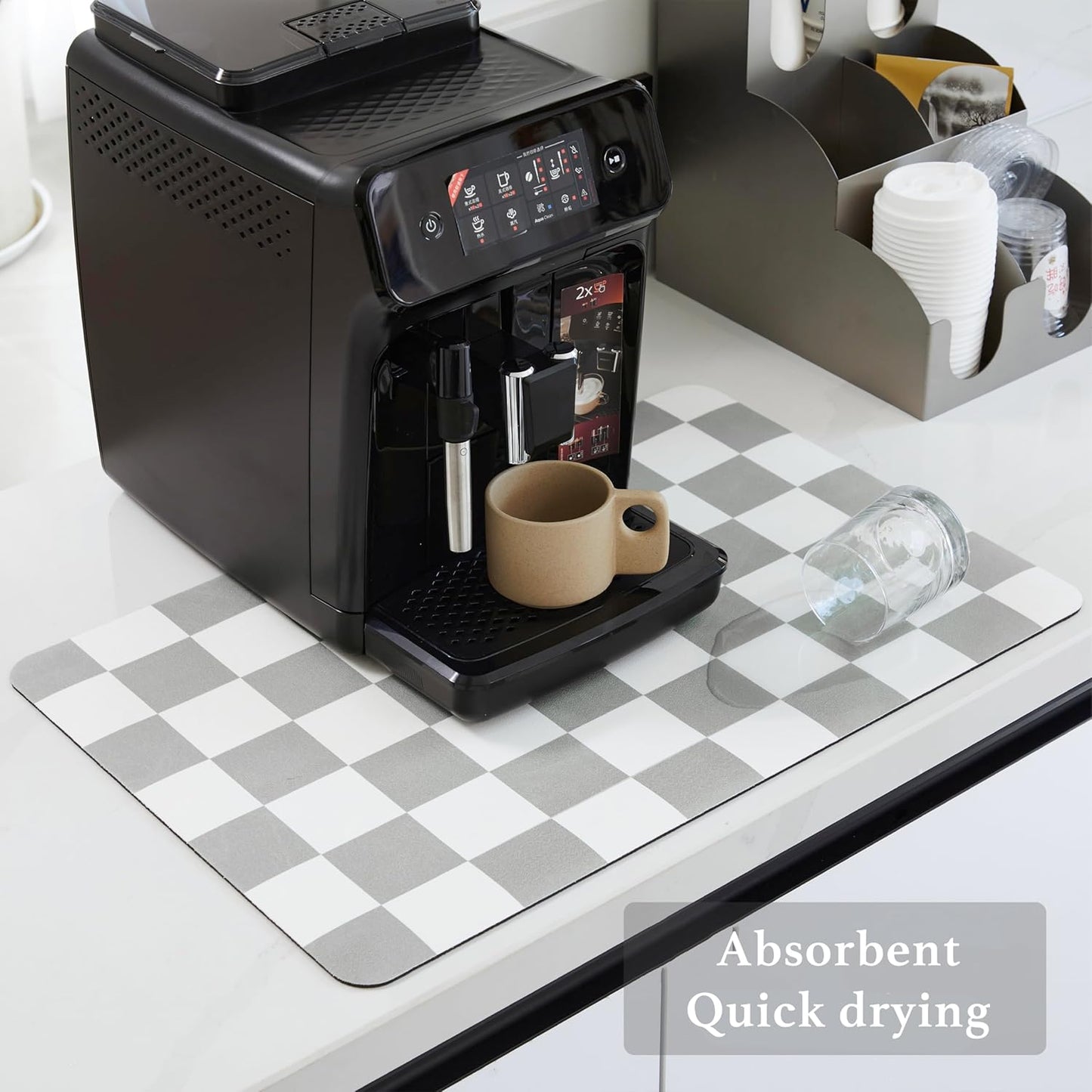 Checkered Dish Drying Mat for Kitchen Counter, Coffee Bar Station Accessories, Retro Cute Aesthetic Modern Absorbent Drainer Mat Kitchen Drying Mat Easy Clean, Grey 12" x 19"