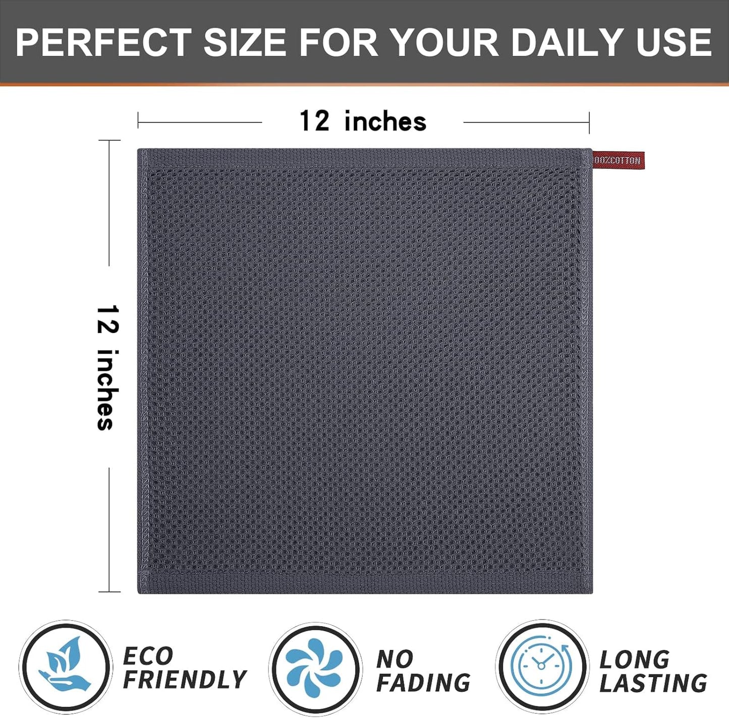 Kitinjoy 100% Cotton Kitchen Dish Cloths, 12 Pack Waffle Weave Ultra Soft Absorbent Dish Towels for Drying Dishes Quick Drying Kitchen Towels Dish Rags, 12 X 12Inch, Dark Grey