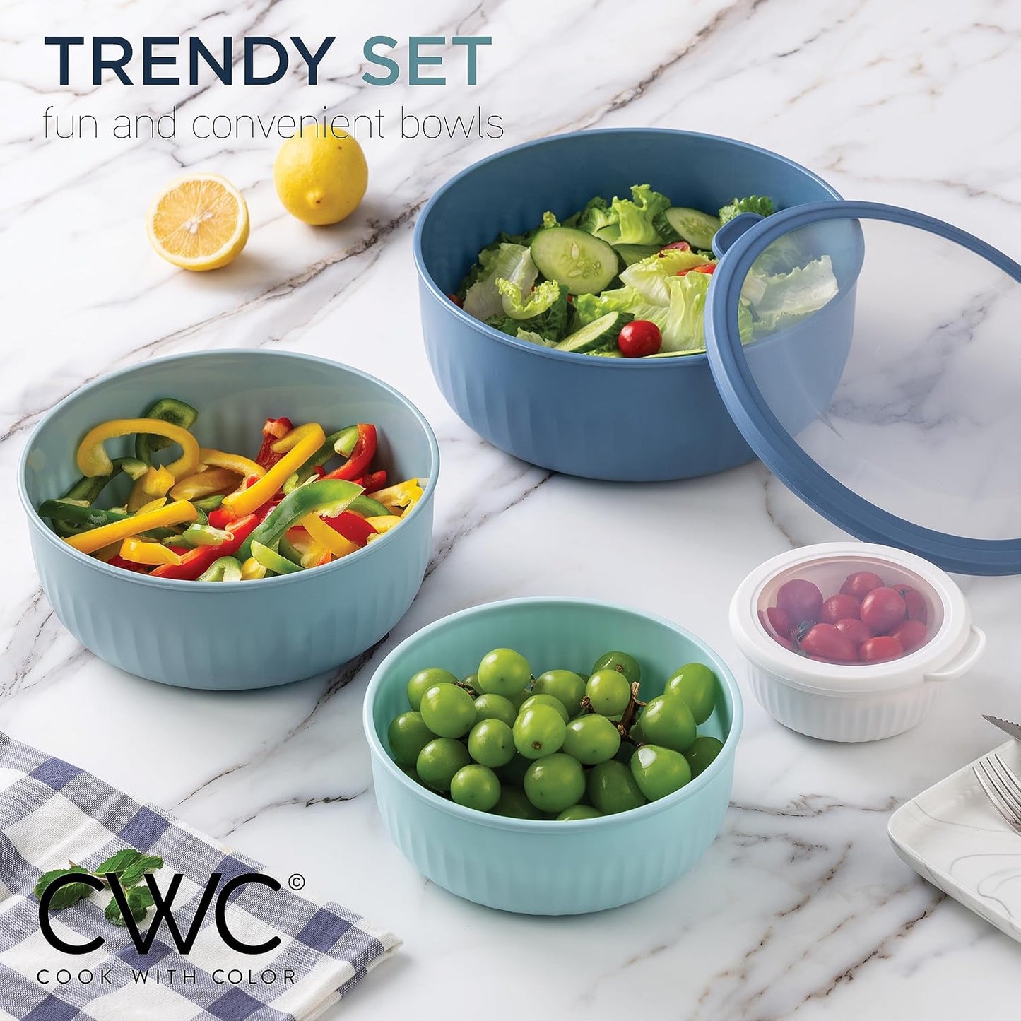 COOK WITH COLOR Prep Bowls with Lids- Wide and Deep Nesting Plastic Small Mixing Bowl Set with Lids, 12 Piece Set - Wide Bowls, Blue