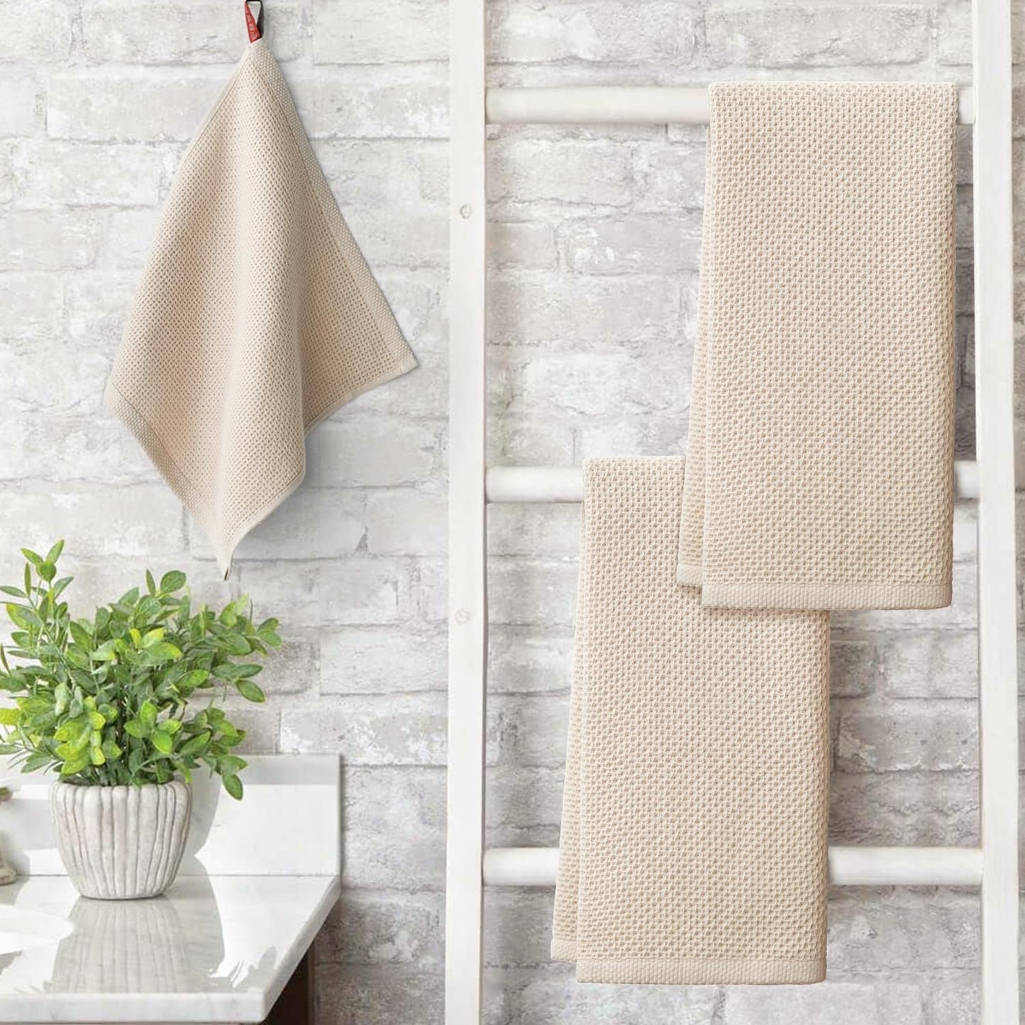 Artoid Mode 100% Cotton Beige Waffle Weave Kitchen Dish Cloths, 13x28 Inch Ultra Soft Absorbent Quick Drying Kitchen Dish Towels Set of 4