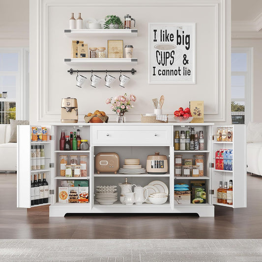 HITHOS 54" Buffet Cabinet with Storage, Modern Kitchen Buffet Sideboard with Drawer, Wood Coffee Bar Station with Adjustable Shelves, Kitchen Storage Cabinet for Living Room, White