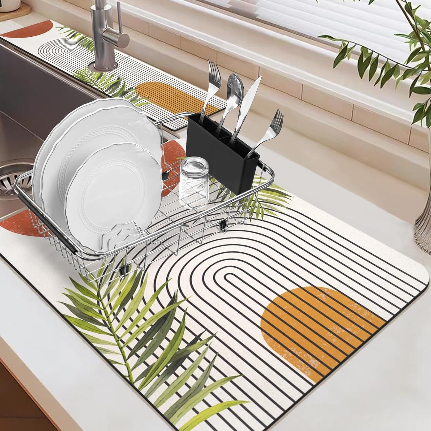 19.5" x 12" Dish Drying Mat & 24" x 5.5" Sink Splash Guard, Super Absorbent Drainer Rack Mat for Kitchen Counter Coffee Bar