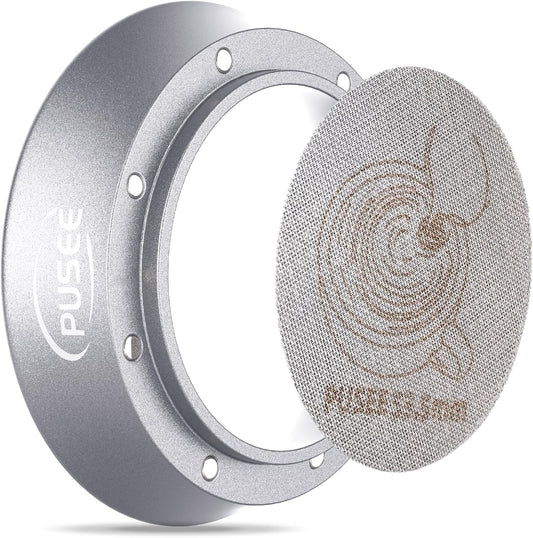 54mm Espresso Dosing Funnel & 53.5mm Puck Screen,PUSEE Coffee Dosing Ring Aluminum Metal,Reusable 1.7mm Thickness 150μm Espresso Puck Screen 316 Stainless Steel Fits 54mm Portafilter