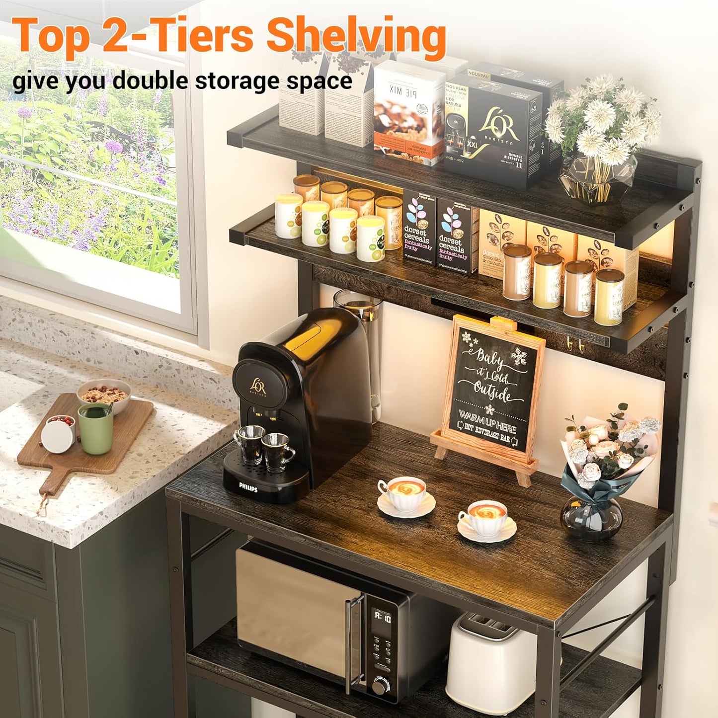 Aheaplus Bakers Rack with Power Outlet, Microwave Stand, 5 Tiers Coffee Bar Station with Led Lights, Kitchen Storage Shelf with 6 S-Shaped Hooks, Kitchen Rack for Spices, Pots and Pans, Black Oak