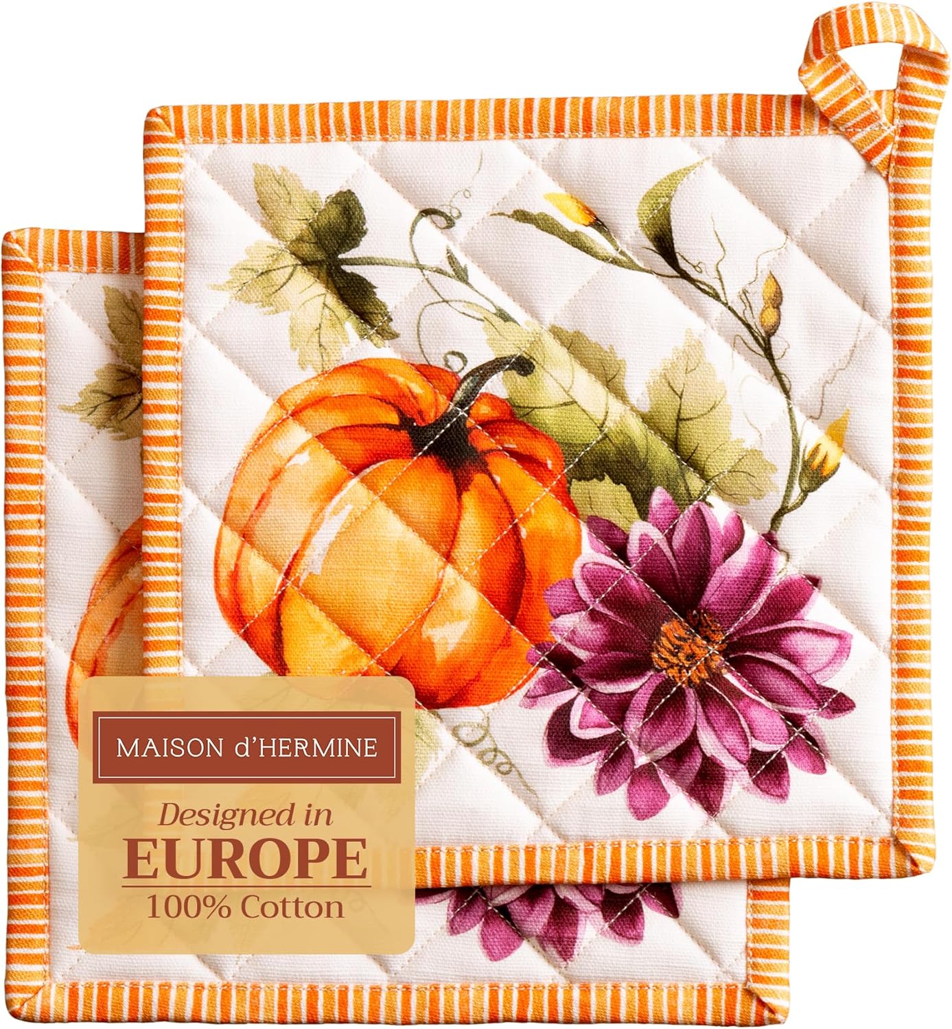 Maison d' Hermine Pot Holders set 100% Cotton Heat Resistant Potholders 8" x 8" Hot Pads with Loop BBQ, Cooking, Baking, Grilling, Kitchen, Handling Hot Pans (Pack of 2, Pumpkin Garden - Cloudy Cream)