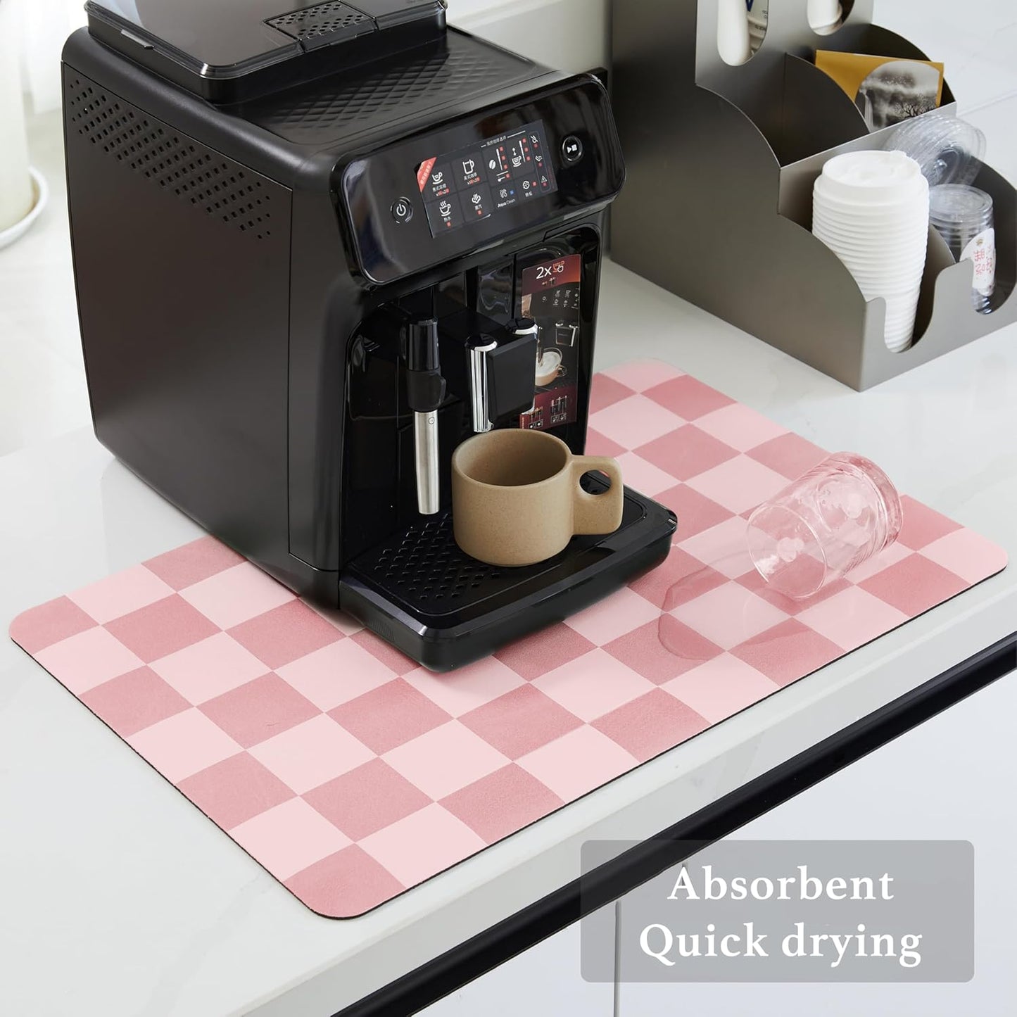 Checkered Dish Drying Mat for Kitchen Counter, Coffee Bar Station Accessories, Retro Cute Girly Pink Aesthetic Modern Absorbent Drainer Mat Kitchen Drying Mat Easy Clean, Coral 16" x 24"