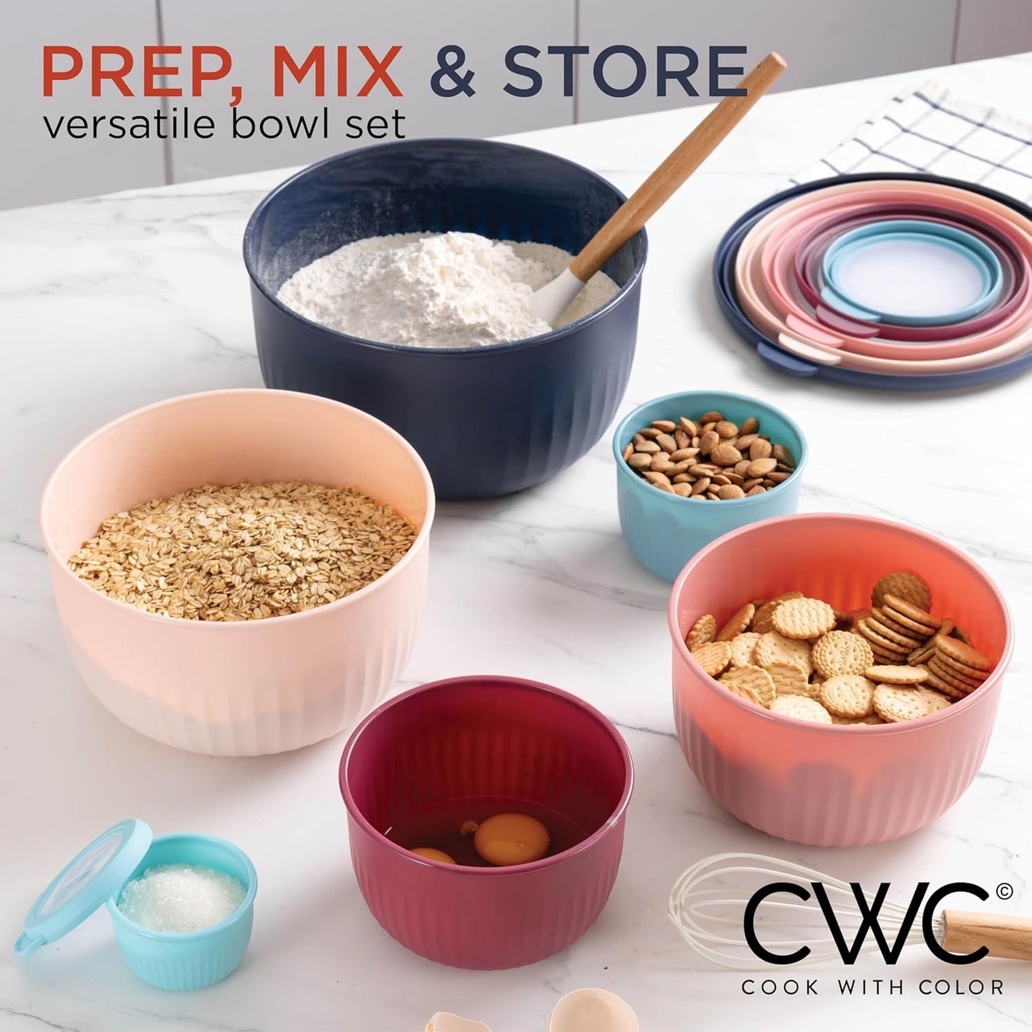 COOK WITH COLOR Prep Bowls with Lids- Wide and Deep Nesting Plastic Small Mixing Bowl Set with Lids, 12 Piece Set - Deep Bowls, Navy