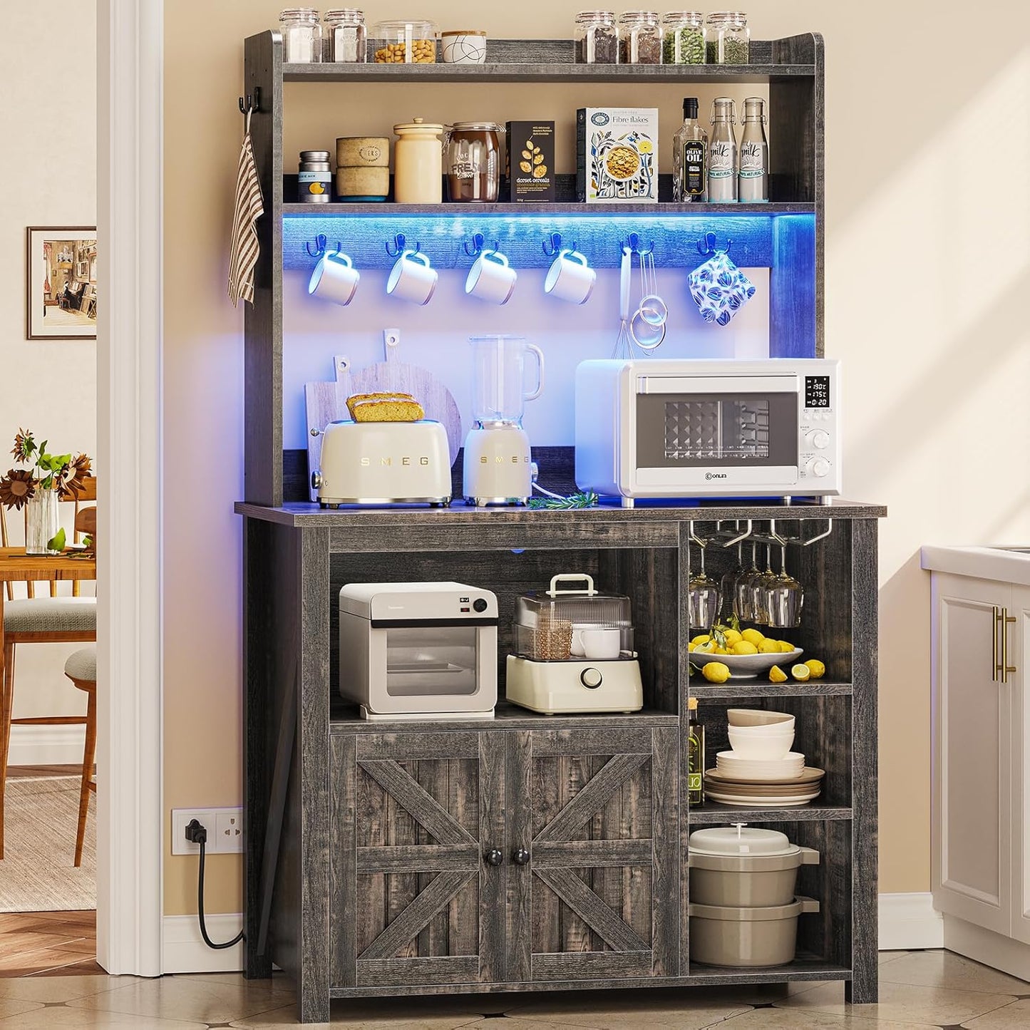 Itaar Coffee Bar Cabinet, Bakers Rack with Power Outlet and Storage, Farmhouse Microwave Stand Kitchen Cabinet with Hutch, LED Lights, Wine Glass Holder and 8 Hooks (Grey)