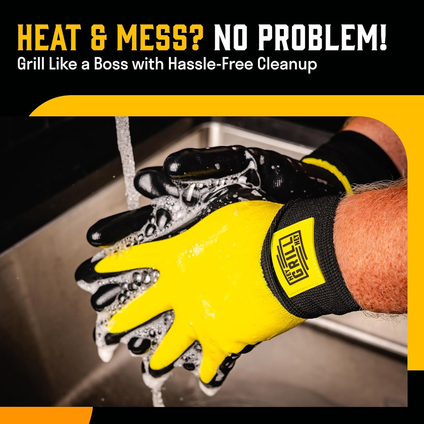 Hey Grill Hey Pitmaster Gloves | BBQ Gloves | Heat Protection up to 500°F or 260°C | High Temp Resistance | Fireproof Glove for Grilling Smoking Barbecue | Washable Mitts | Waterproof | Size - Large