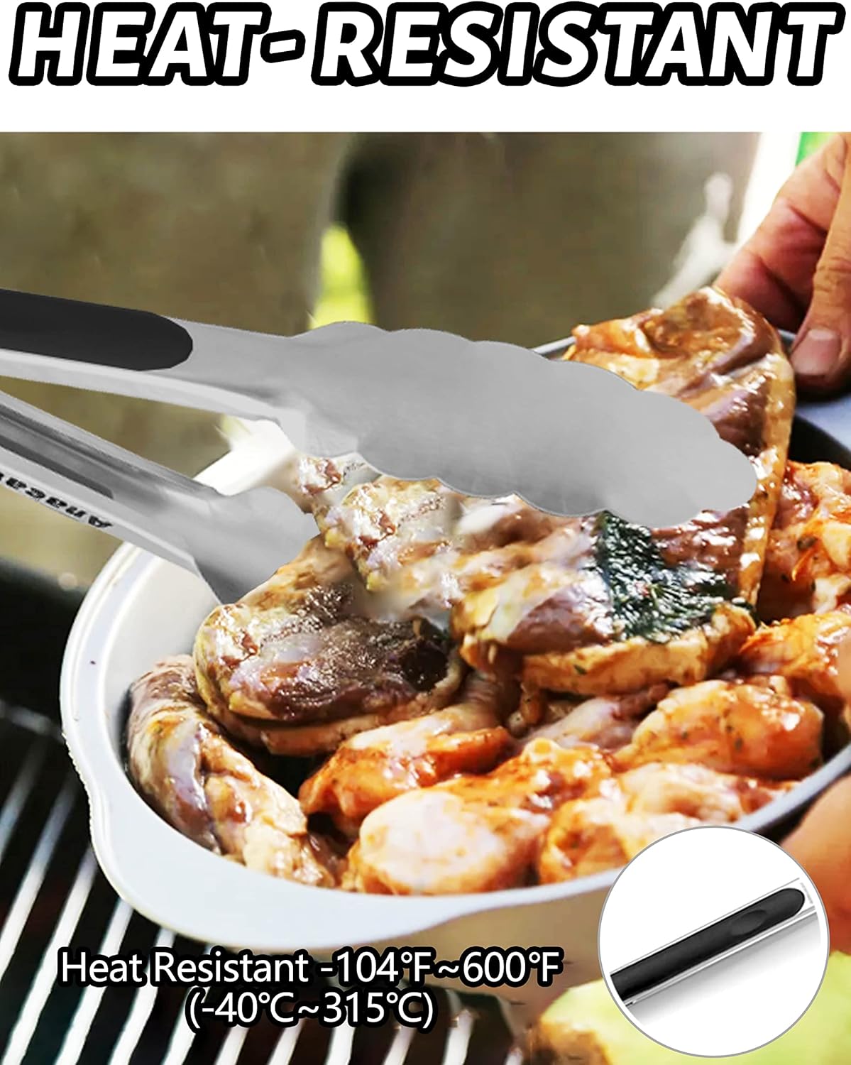 Anaeat 3 Pack 7" Mini Stainless Steel Cooking Tongs - Sturdy Coiled Spring Locking Kitchen Food Tong with Non-Slip Silicone Grip for Serving, Cooking, Baking - Heat Resistant up to 480¡ÆF (Black)