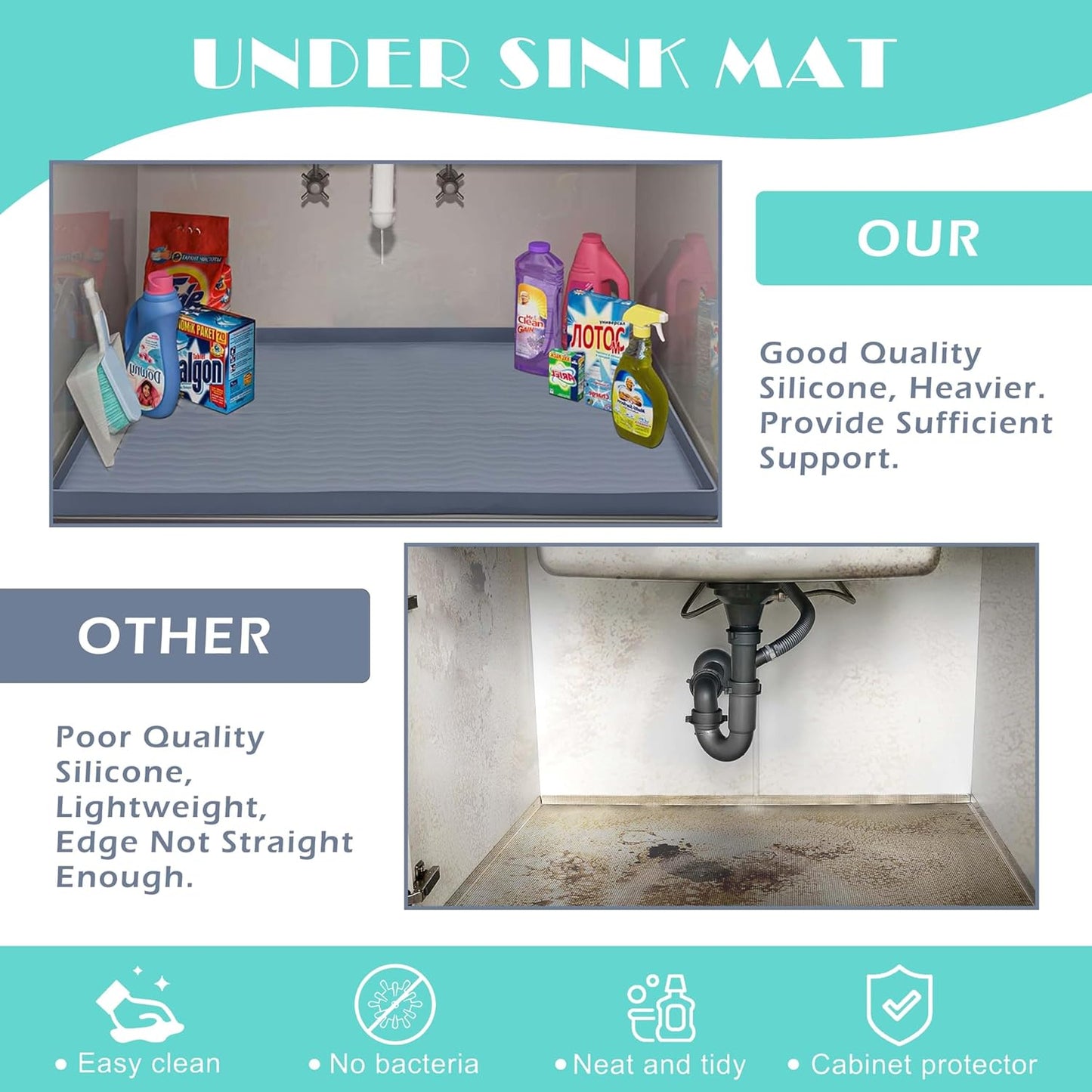 URMONA Waterproof Silicone Under Sink Mat 19'' x 12'' Shelf Liner for Kitchen and Bathroom, Cabinet and Counter Protector, Storage and Organizers, Litter Mat, Pet Cat Puppy Essentials(Light Grey)