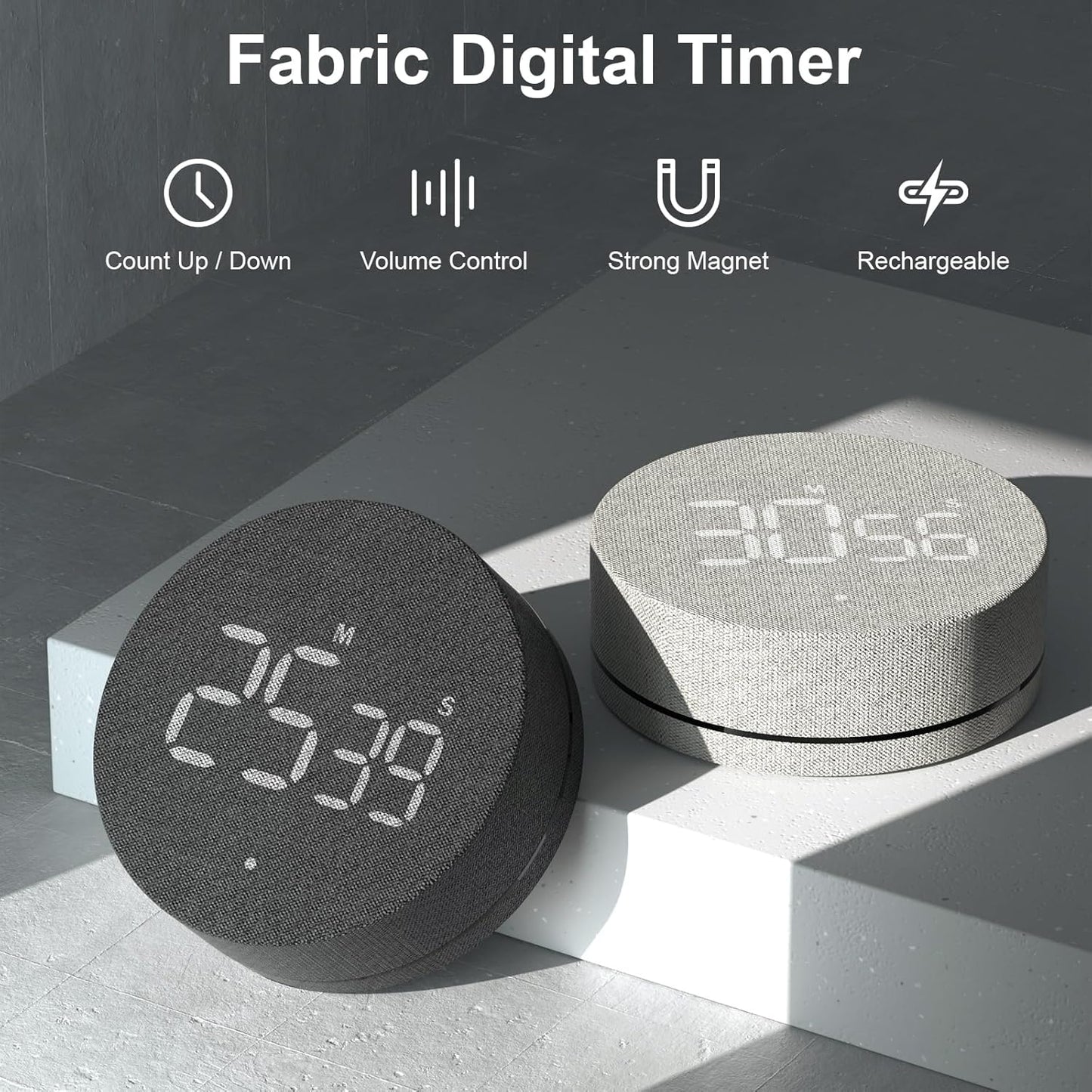 AVINIA Desk Timer for Productivity Magnetic Digital Kitchen Timer Rechargeable Fabric Mesh Cover 99 Mins Countdown/Count Up Stylish Efficana Konah Home Timmer for Cooking-Black
